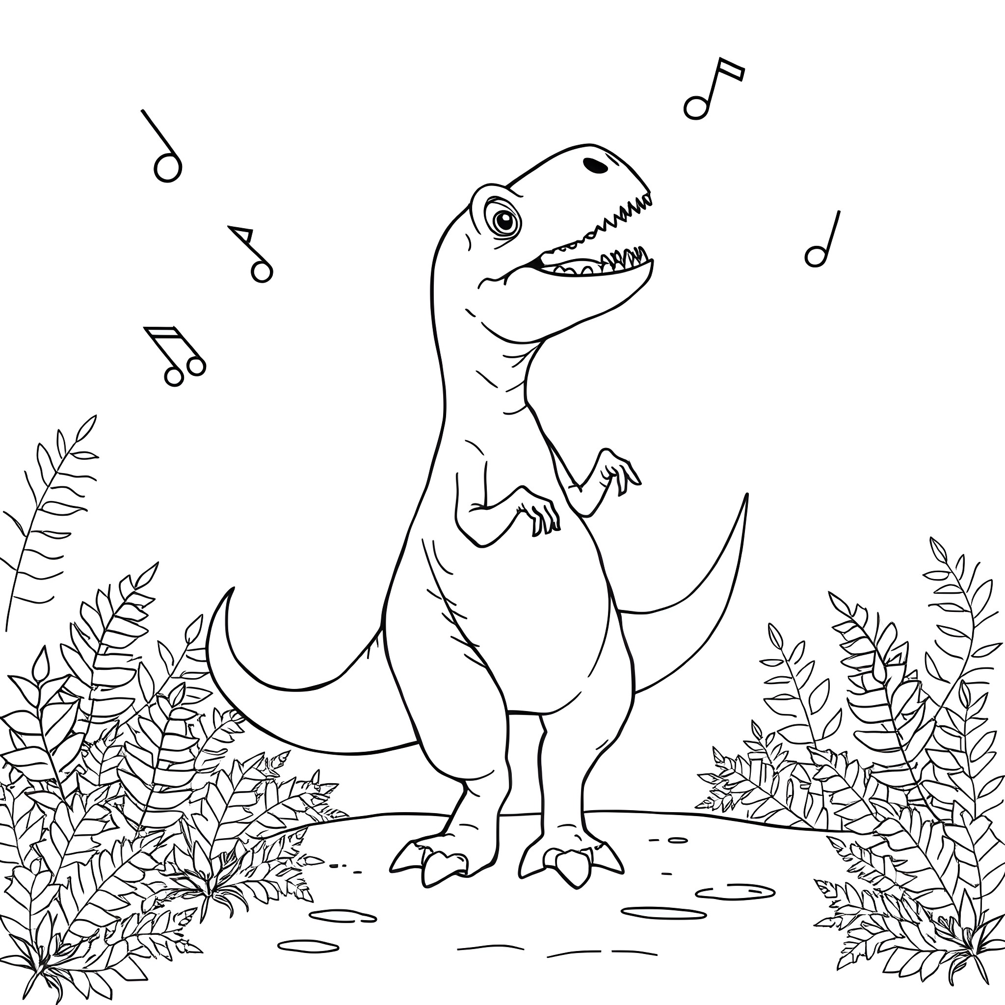 Dinosaur singing and dancing in the jungle Coloring Page (free black-and-white line drawing printable PDF for all, from beginners to advanced learners, including children, teens, adults, and seniors)