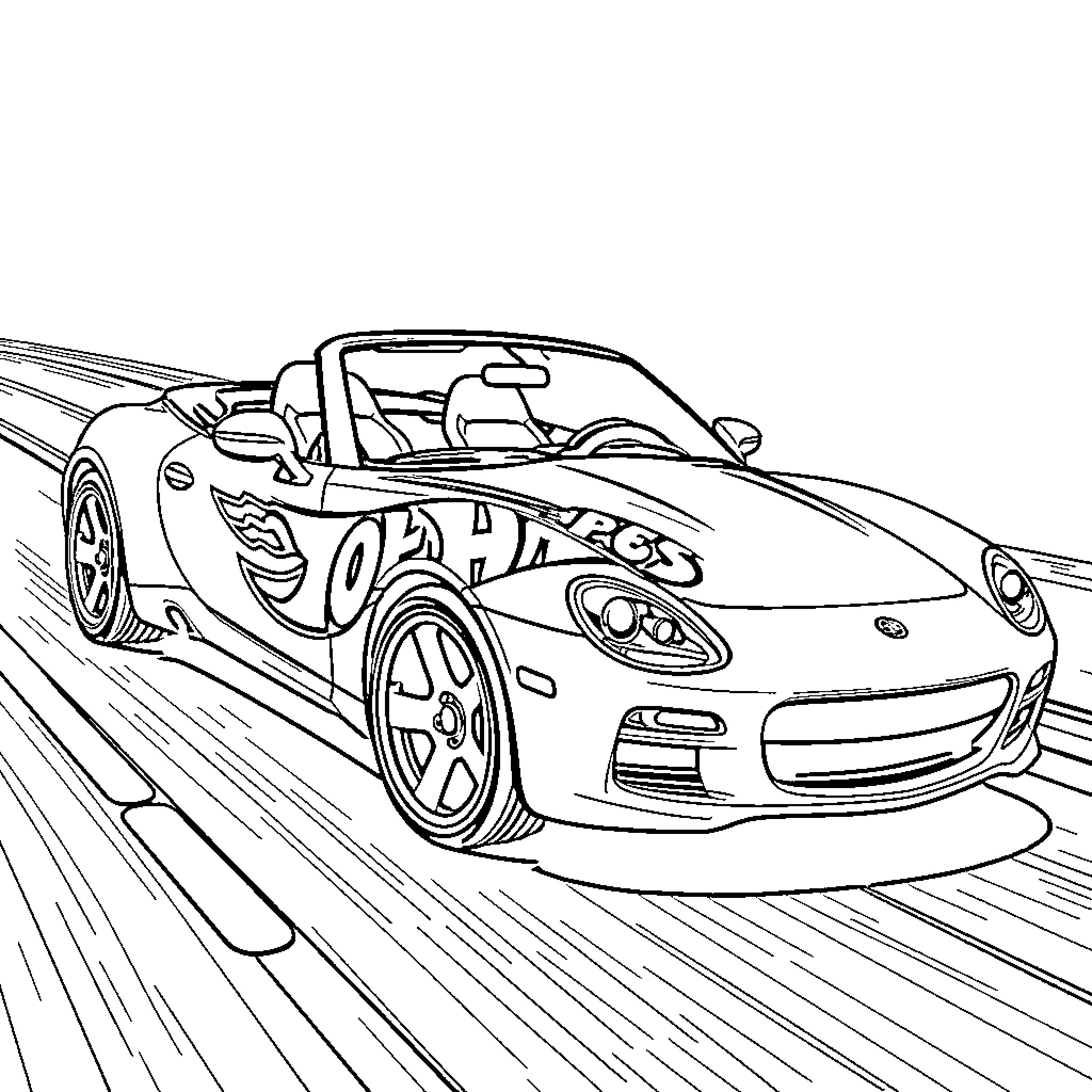 Car speeding on a racetrack Coloring Page (free black-and-white line drawing printable PDF for all, from beginners to advanced learners, including children, teens, adults, and seniors)