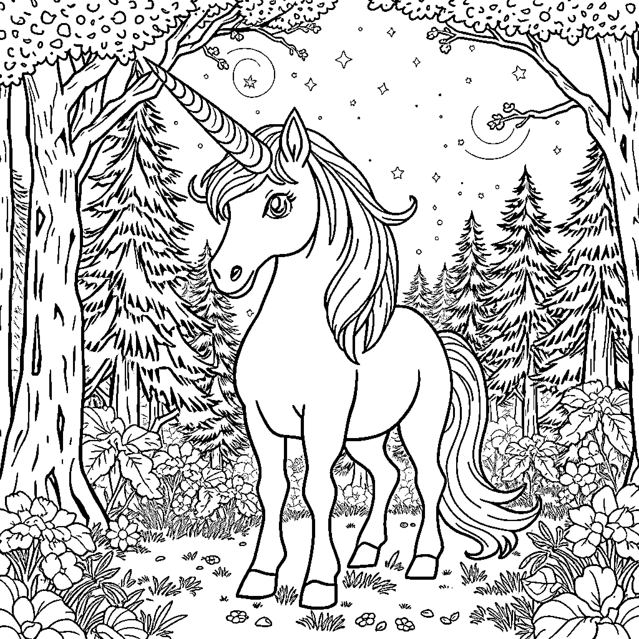 Unicorn standing in enchanted forest at night Coloring Page (free black-and-white line drawing printable PDF for all, from beginners to advanced learners, including children, teens, adults, and seniors)