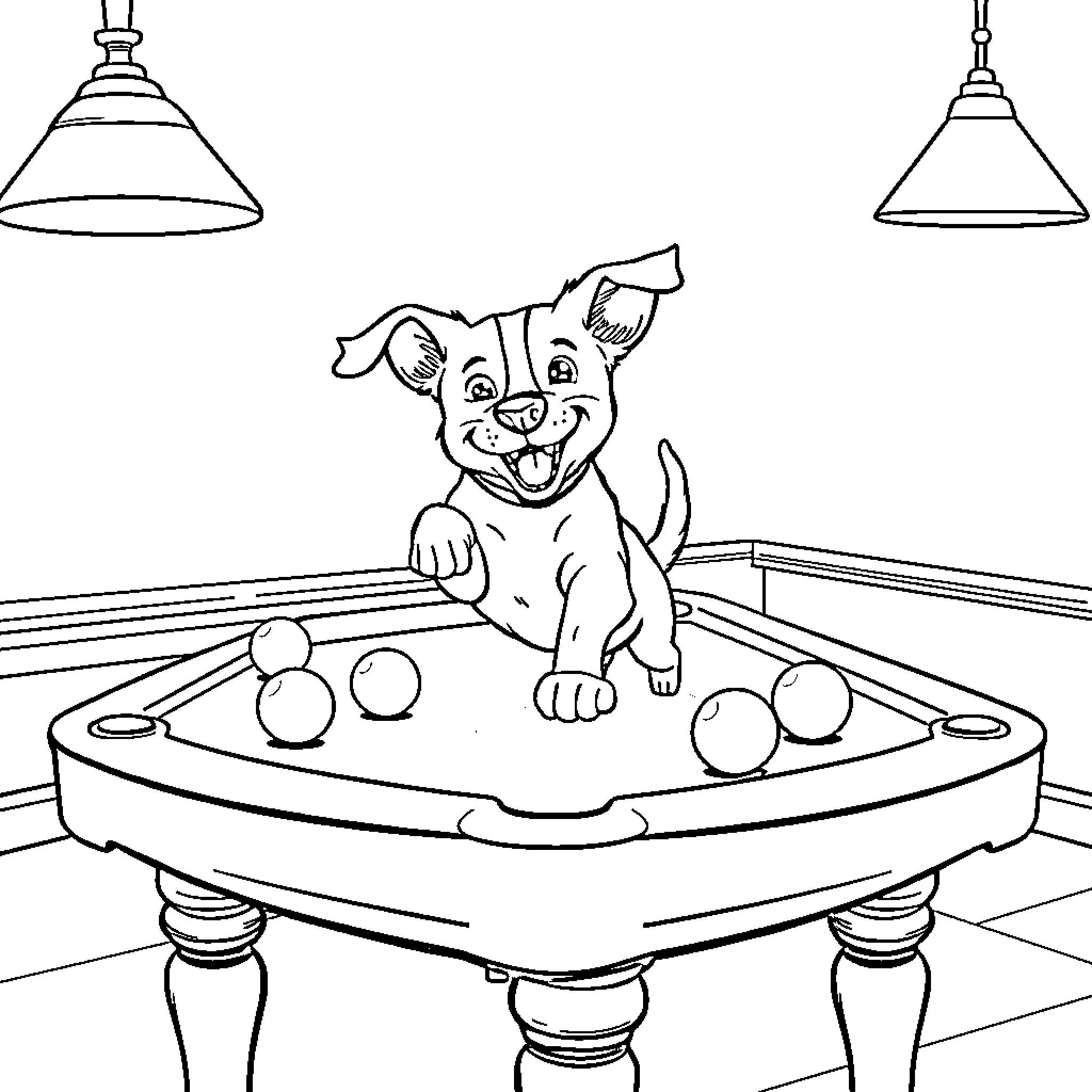 Dog playing joyfully with balls on a pool table Coloring Page (free black-and-white line drawing printable PDF for all, from beginners to advanced learners, including children, teens, adults, and seniors)