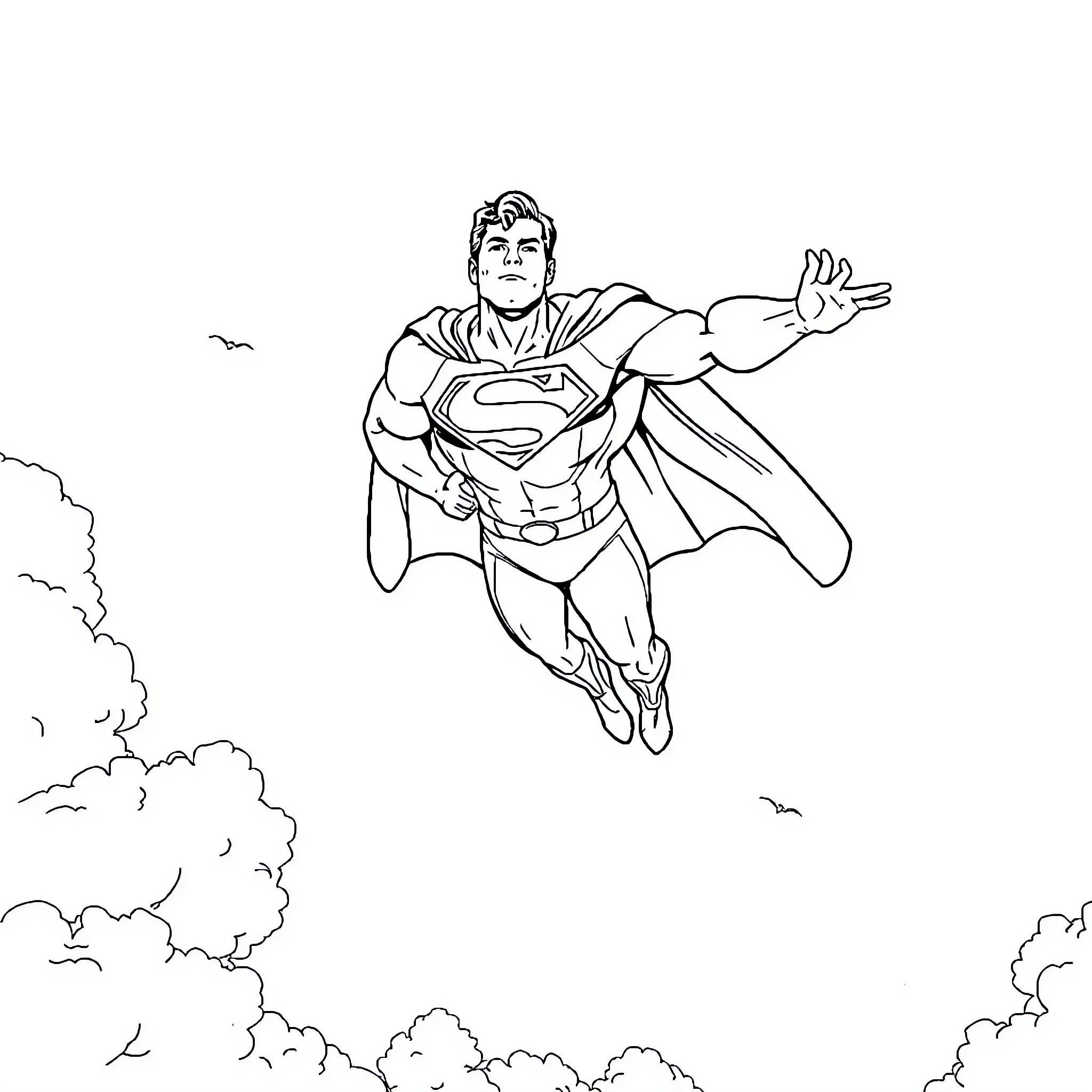Superman soaring through the clouds in action Coloring Page (free black-and-white line drawing printable PDF for all, from beginners to advanced learners, including children, teens, adults, and seniors)