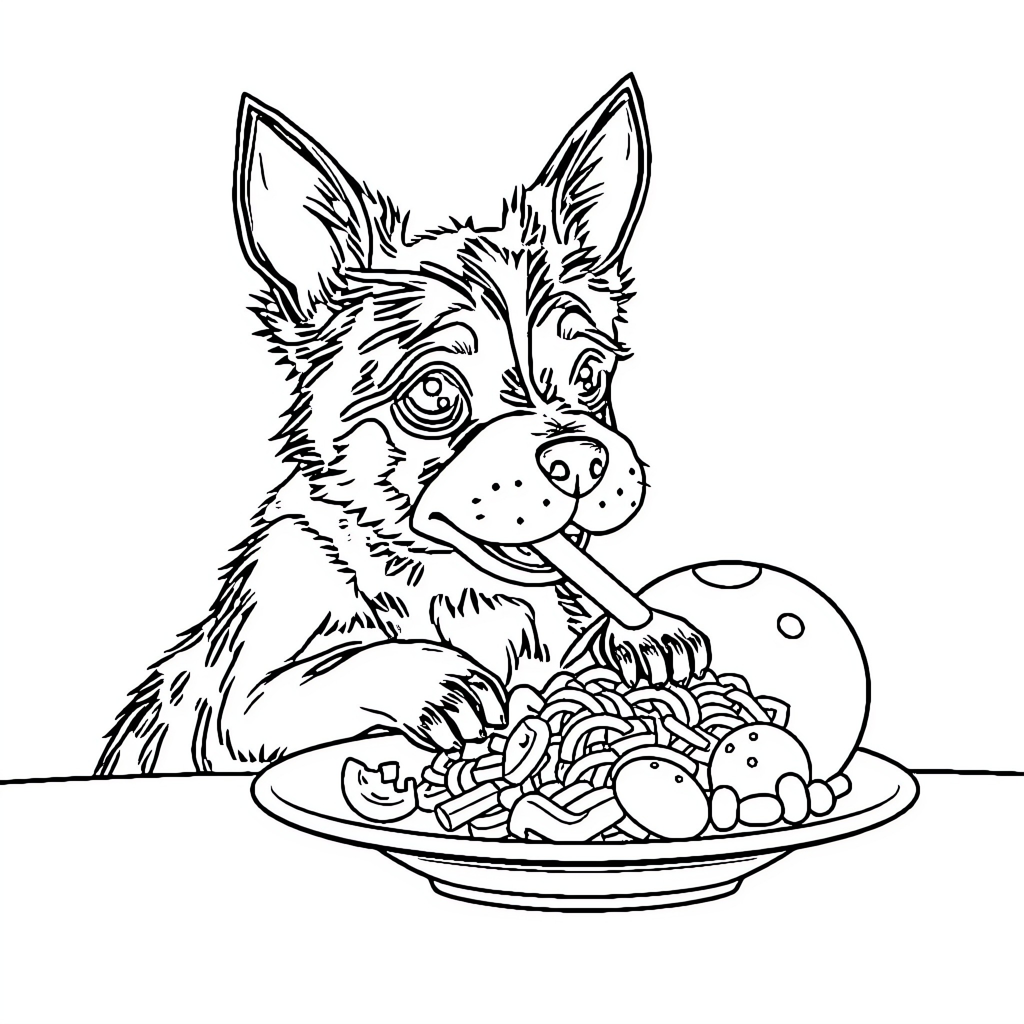 Dog eating spaghetti on a plate Coloring Page (free black-and-white line drawing printable PDF for all, from beginners to advanced learners, including children, teens, adults, and seniors)
