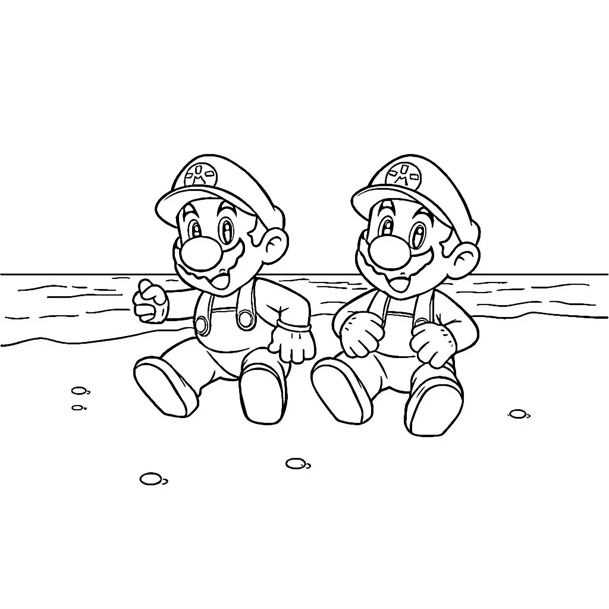 Mario Brothers Enjoying the Beach Coloring Page (free black-and-white line drawing printable PDF for all, from beginners to advanced learners, including children, teens, adults, and seniors)