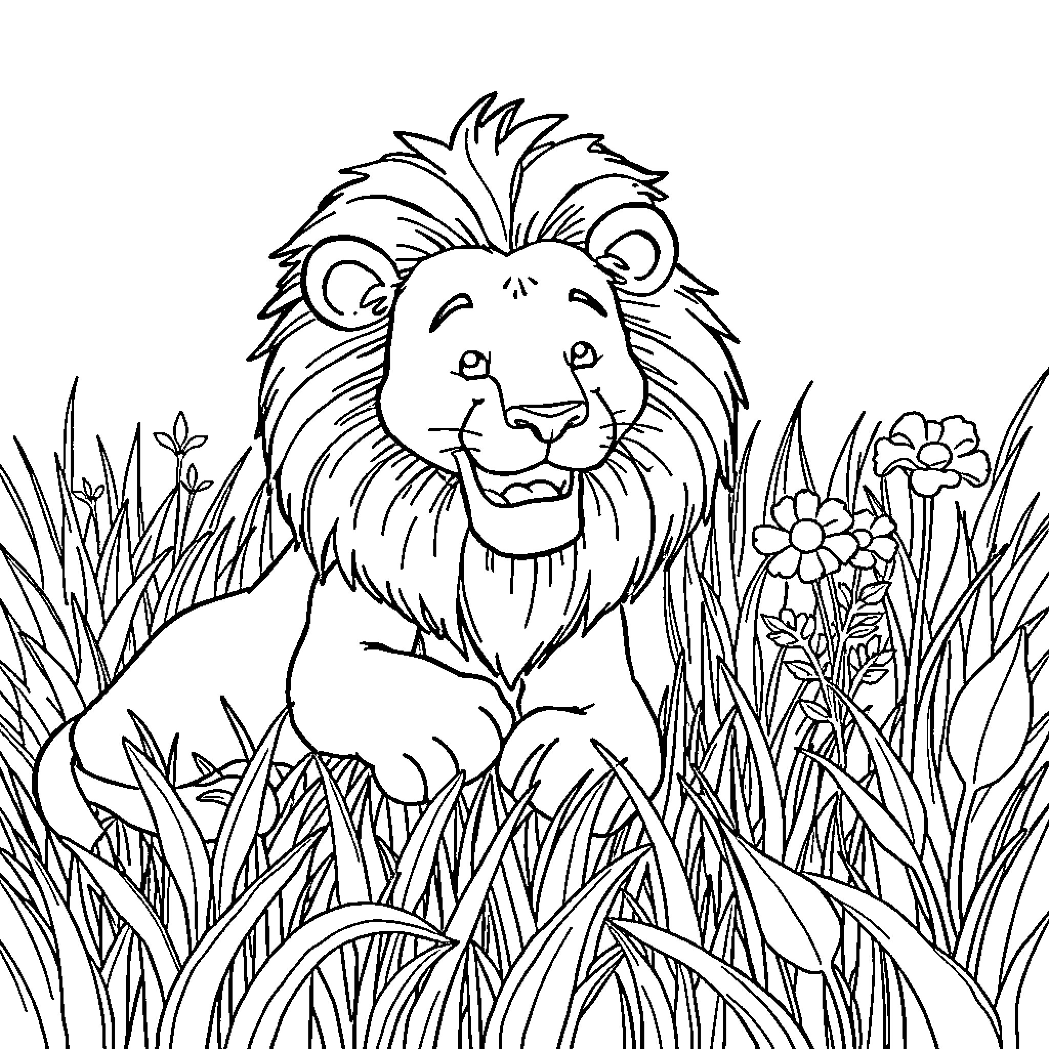 Lion smiling while sitting in tall grass Coloring Page (free black-and-white line drawing printable PDF for all, from beginners to advanced learners, including children, teens, adults, and seniors)