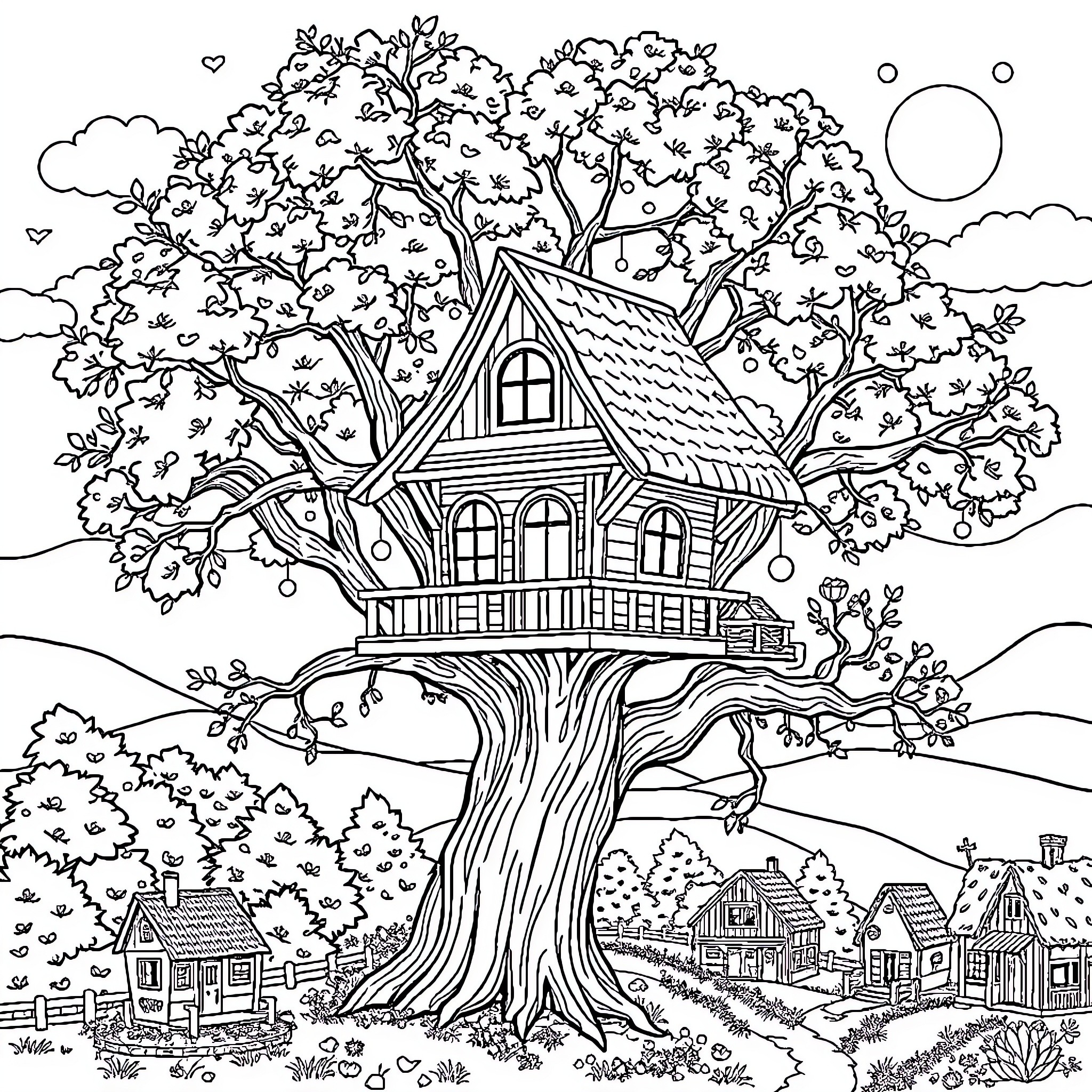 Tree House with Whimsical Details and Scenic Surroundings Coloring Page (free black-and-white line drawing printable PDF for all, from beginners to advanced learners, including children, teens, adults, and seniors)