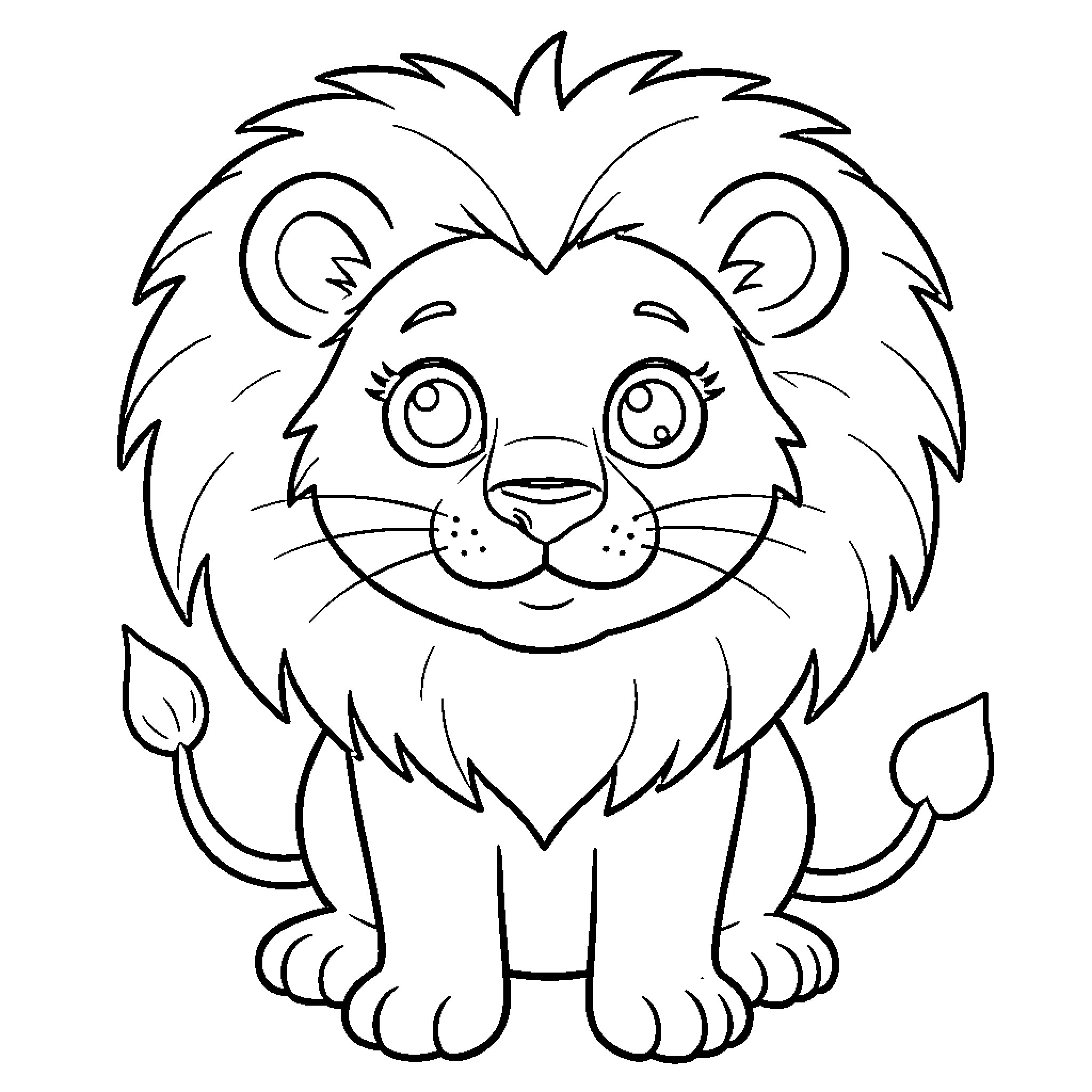 Lion cub with a friendly expression Coloring Page (free black-and-white line drawing printable PDF for all, from beginners to advanced learners, including children, teens, adults, and seniors)