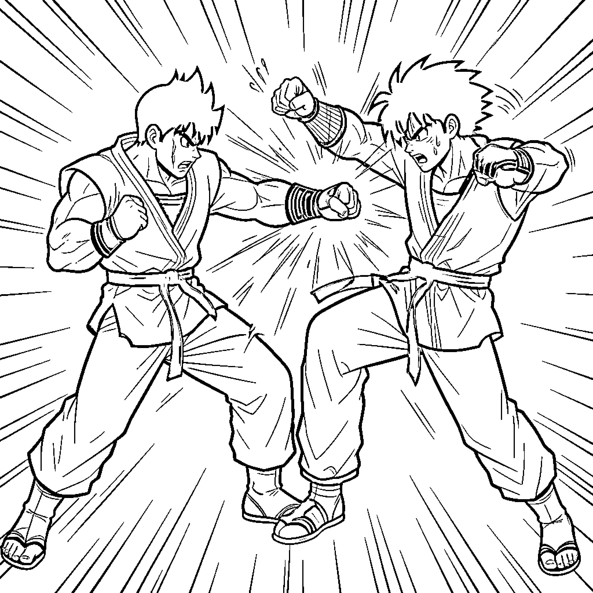 Ryu and Ken's intense martial arts battle Coloring Page (free black-and-white line drawing printable PDF for all, from beginners to advanced learners, including children, teens, adults, and seniors)