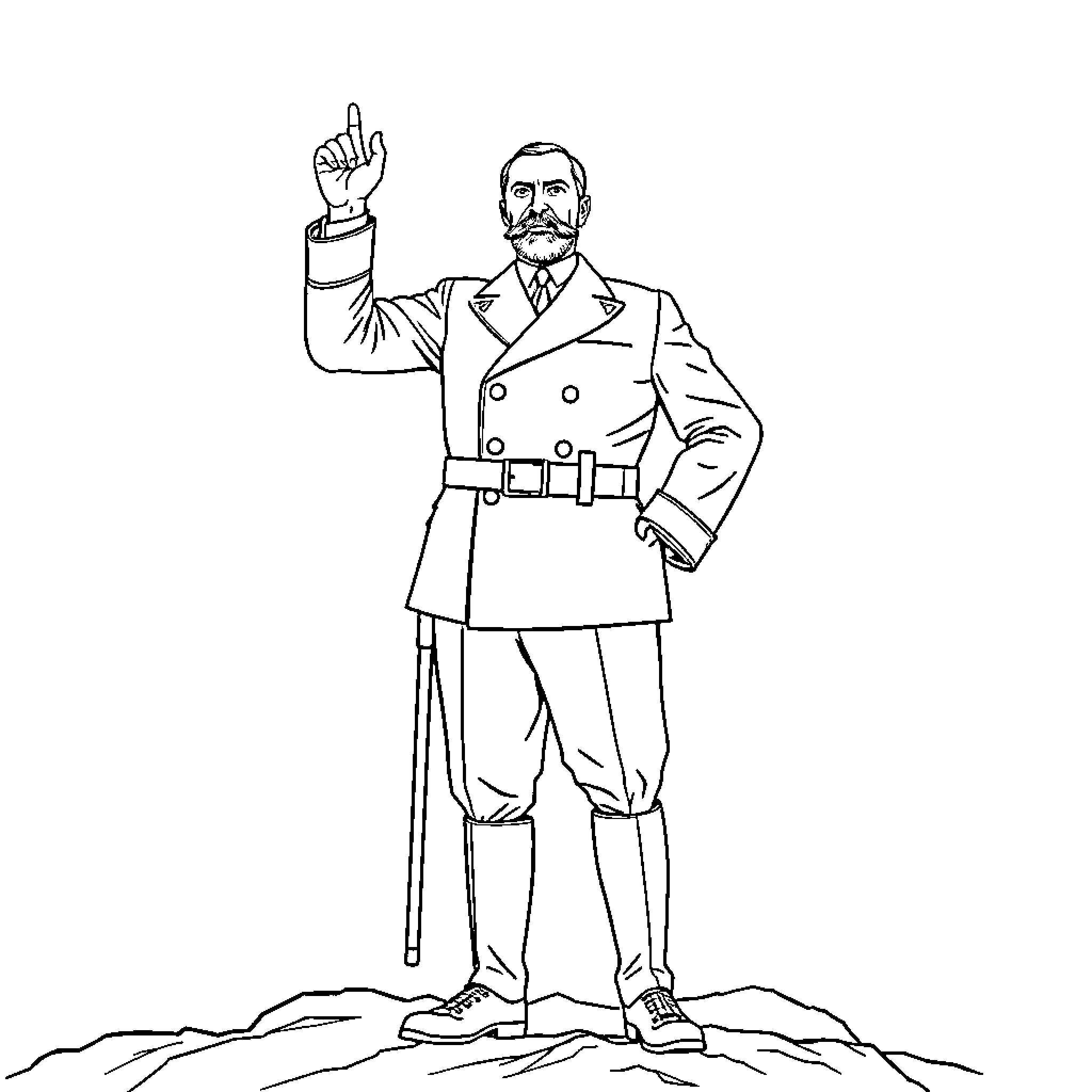 Mustafa Kemal Atatürk depicted in formal attire with hand raised Coloring Page (free black-and-white line drawing printable PDF for all, from beginners to advanced learners, including children, teens, adults, and seniors)