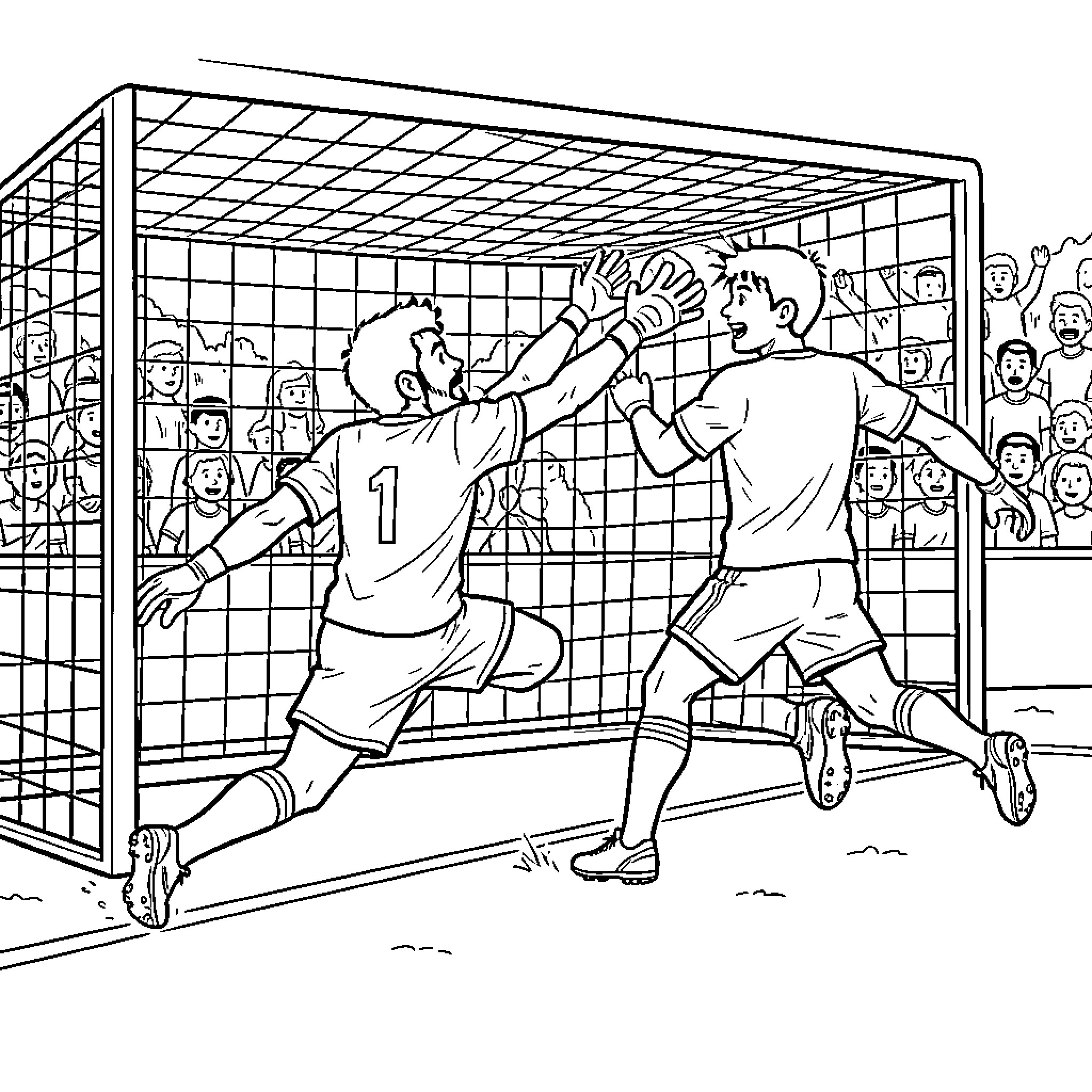Soccer Goalie diving to block a shot Coloring Page (free black-and-white line drawing printable PDF for all, from beginners to advanced learners, including children, teens, adults, and seniors)