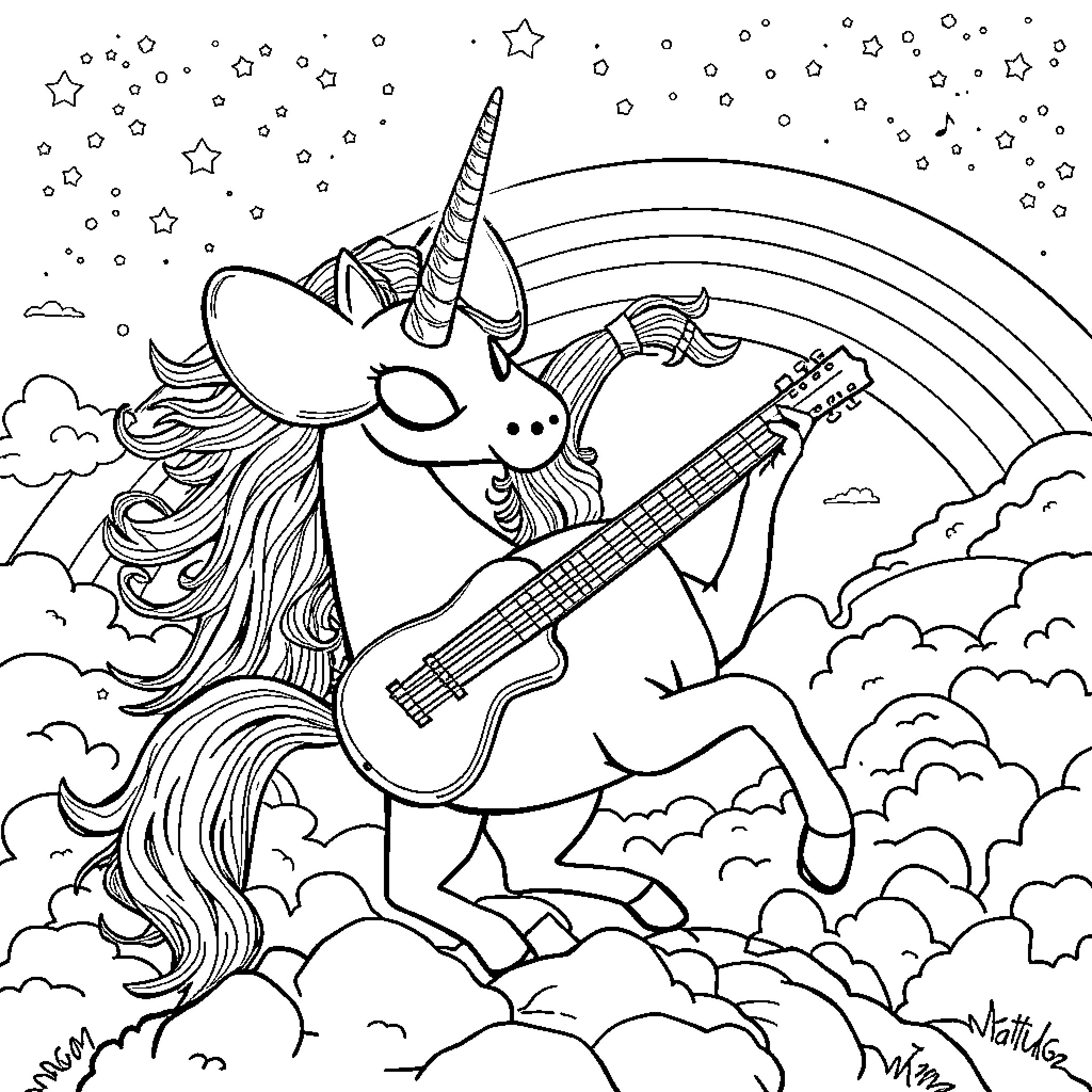 Unicorn playing guitar in the starry sky Coloring Page (free black-and-white line drawing printable PDF for all, from beginners to advanced learners, including children, teens, adults, and seniors)