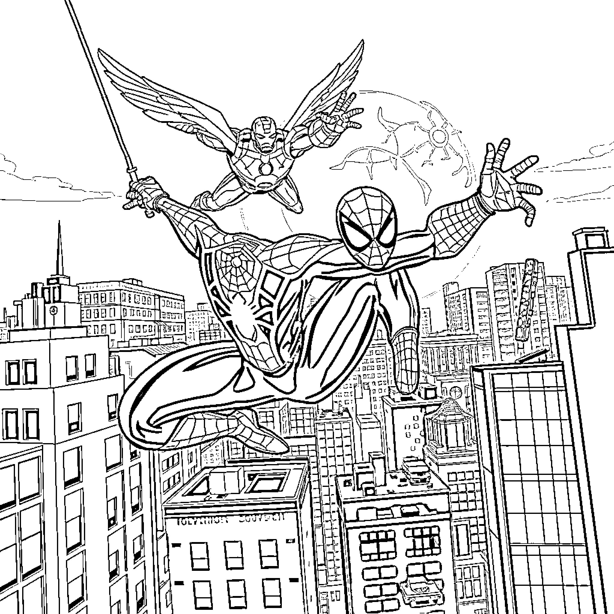 Ironman and Spider-Man heroically soaring over the city Coloring Page (free black-and-white line drawing printable PDF for all, from beginners to advanced learners, including children, teens, adults, and seniors)