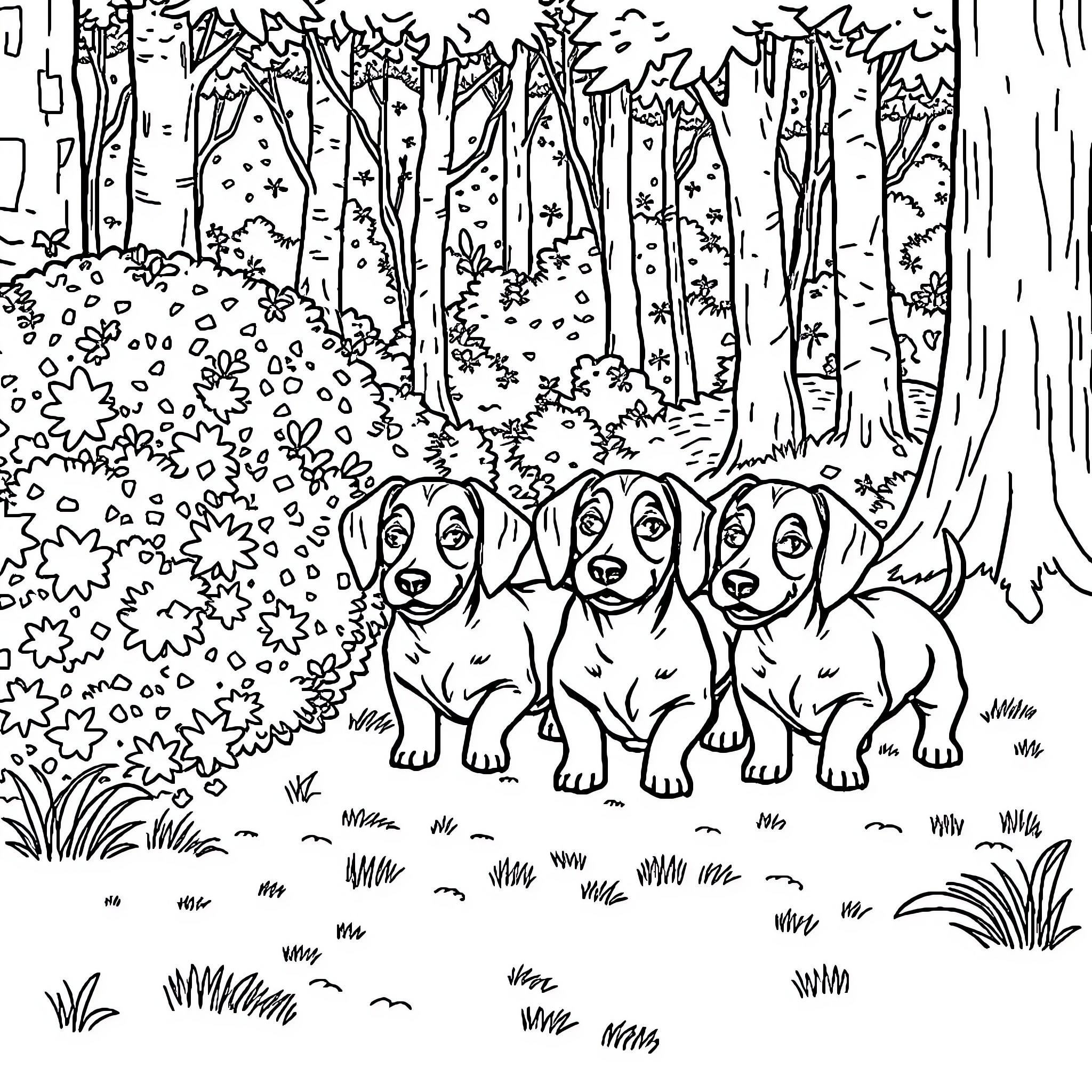 Dachshund puppies exploring the forest Coloring Page (free black-and-white line drawing printable PDF for all, from beginners to advanced learners, including children, teens, adults, and seniors)