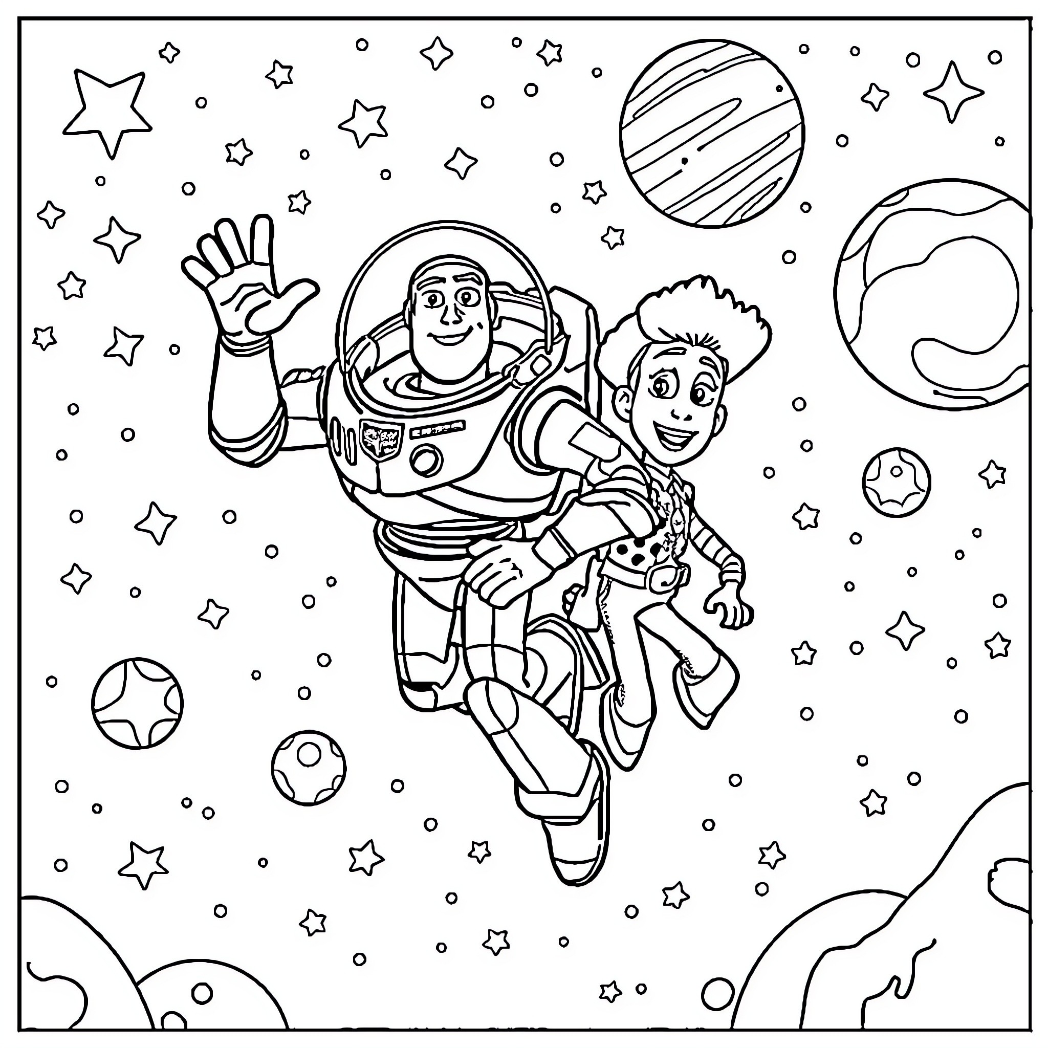 Buzz Lightyear and Woody Exploring the Cosmos Coloring Page (free black-and-white line drawing printable PDF for all, from beginners to advanced learners, including children, teens, adults, and seniors)