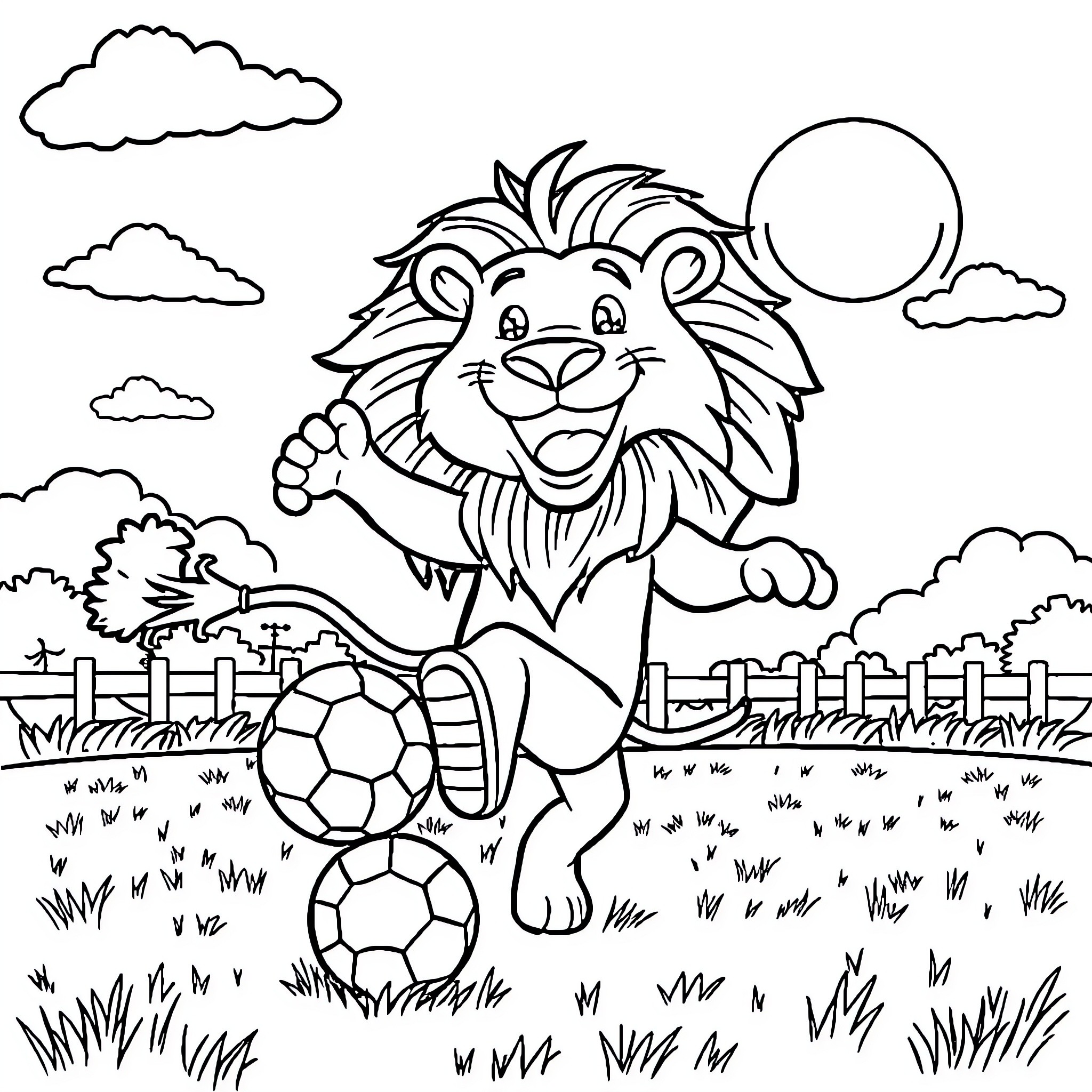 Lion playing joyfully with soccer balls Coloring Page (free black-and-white line drawing printable PDF for all, from beginners to advanced learners, including children, teens, adults, and seniors)