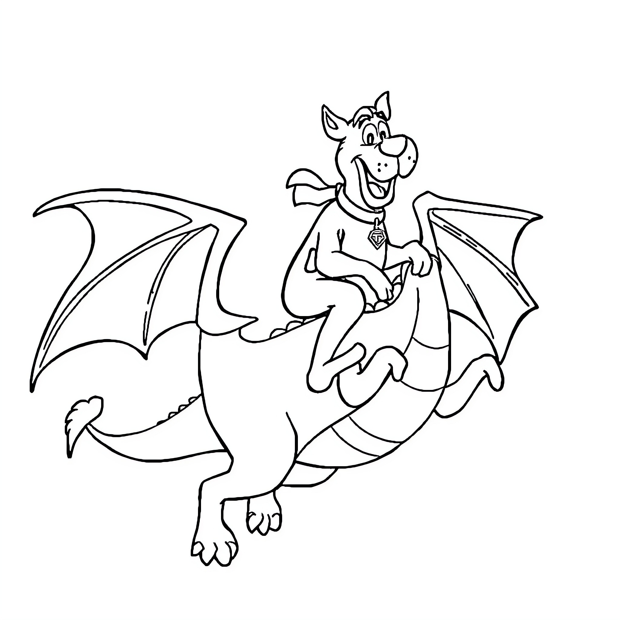 Scooby Doo riding a happy dragon Coloring Page (free black-and-white line drawing printable PDF for all, from beginners to advanced learners, including children, teens, adults, and seniors)