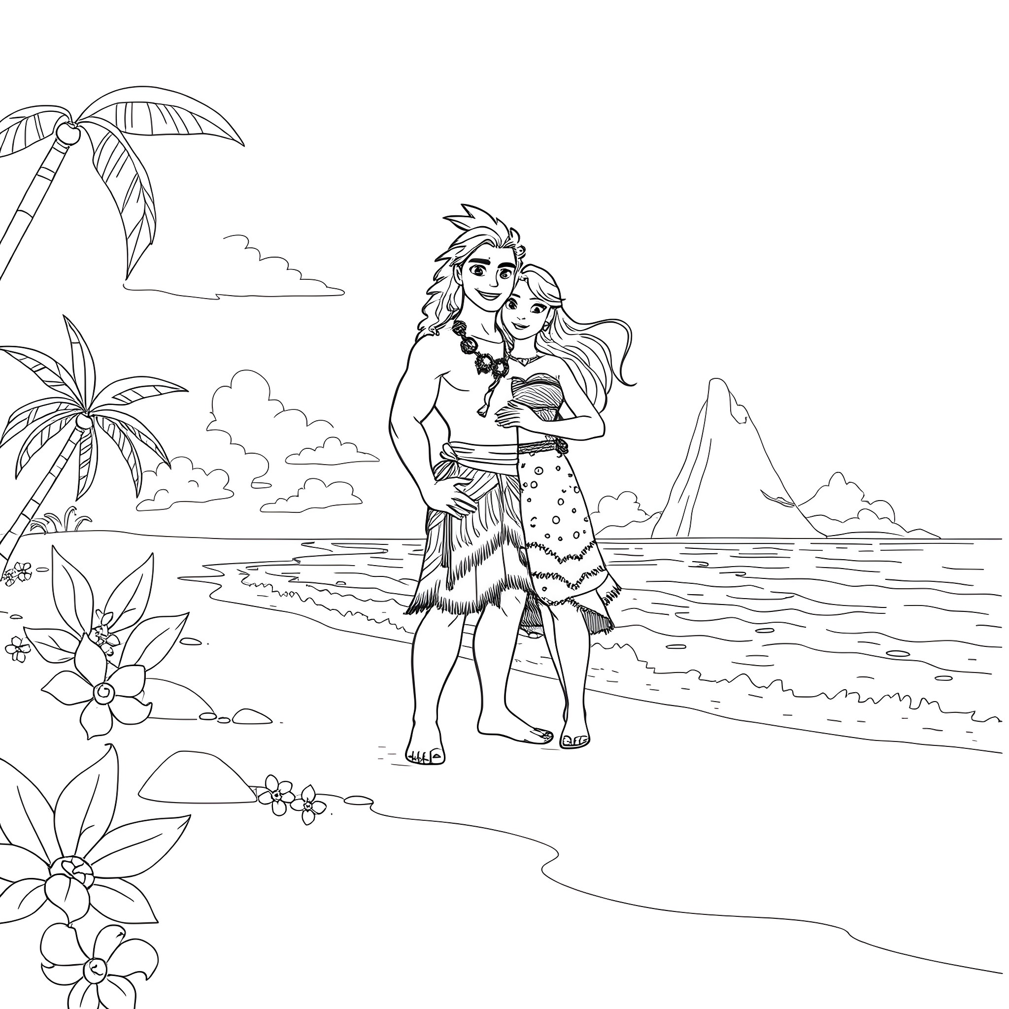 Moana and Maui exploring the tropical island Coloring Page (free black-and-white line drawing printable PDF for all, from beginners to advanced learners, including children, teens, adults, and seniors)