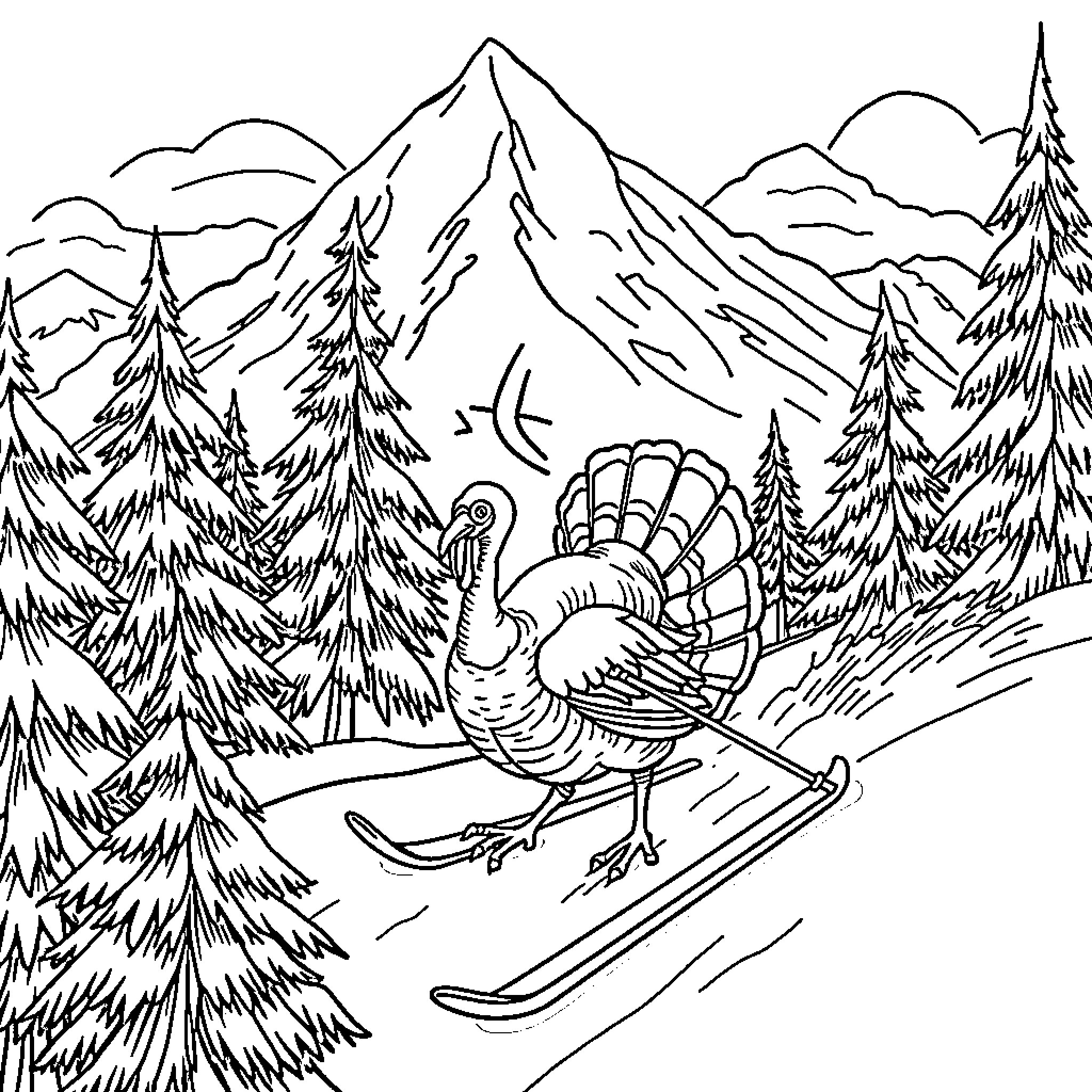 Turkey skiing in a snowy mountain landscape Coloring Page (free black-and-white line drawing printable PDF for all, from beginners to advanced learners, including children, teens, adults, and seniors)