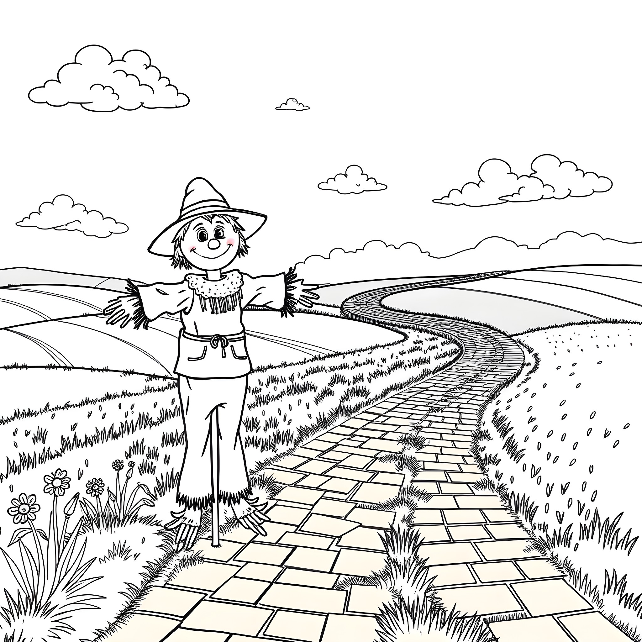 Scarecrow standing on a brick path in a countryside landscape Coloring Page (free black-and-white line drawing printable PDF for all, from beginners to advanced learners, including children, teens, adults, and seniors)