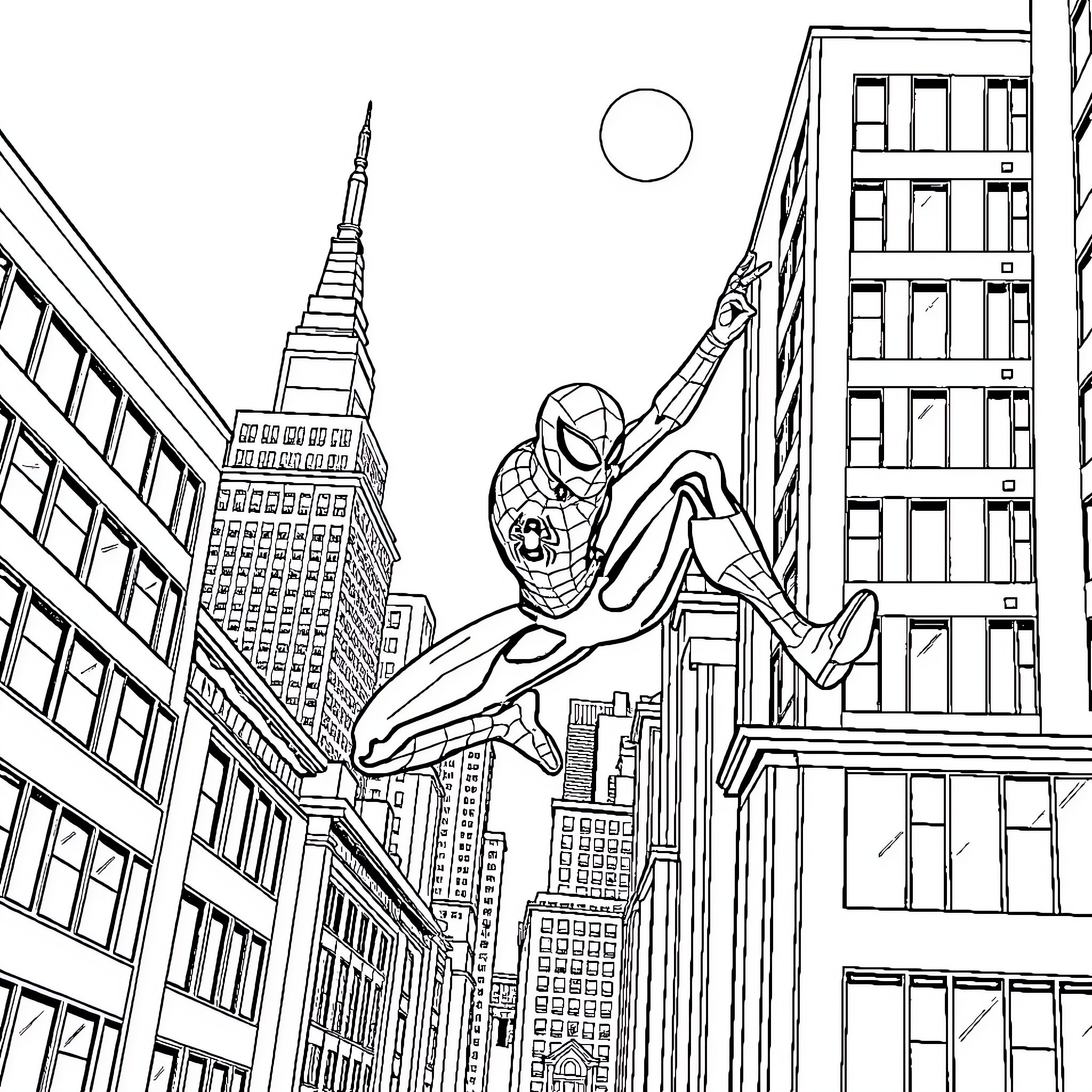 Spiderman swinging through the city skyline Coloring Page (free black-and-white line drawing printable PDF for all, from beginners to advanced learners, including children, teens, adults, and seniors)