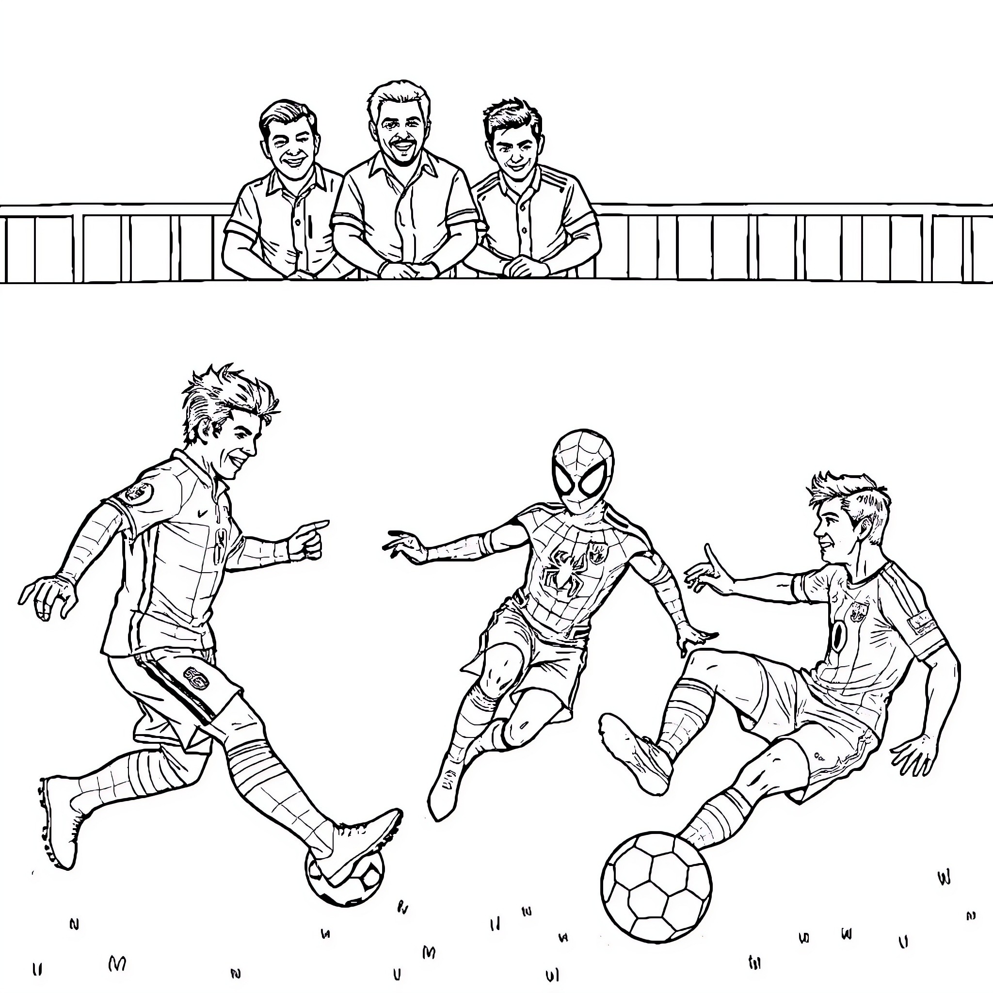 Lionel Messi and teammates enjoying a soccer match Coloring Page (free black-and-white line drawing printable PDF for all, from beginners to advanced learners, including children, teens, adults, and seniors)