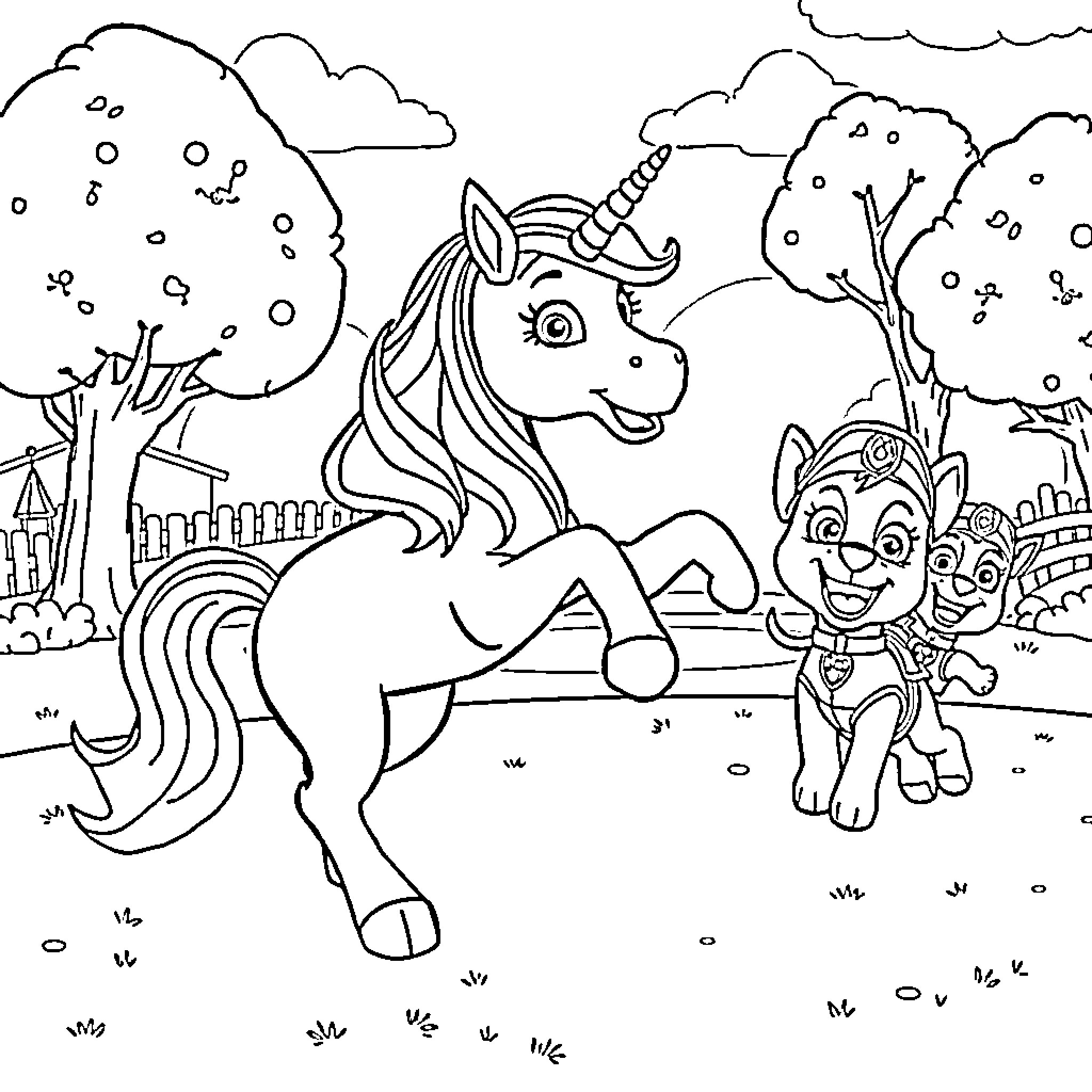 Unicorn and puppy playing in the enchanted forest Coloring Page (free black-and-white line drawing printable PDF for all, from beginners to advanced learners, including children, teens, adults, and seniors)