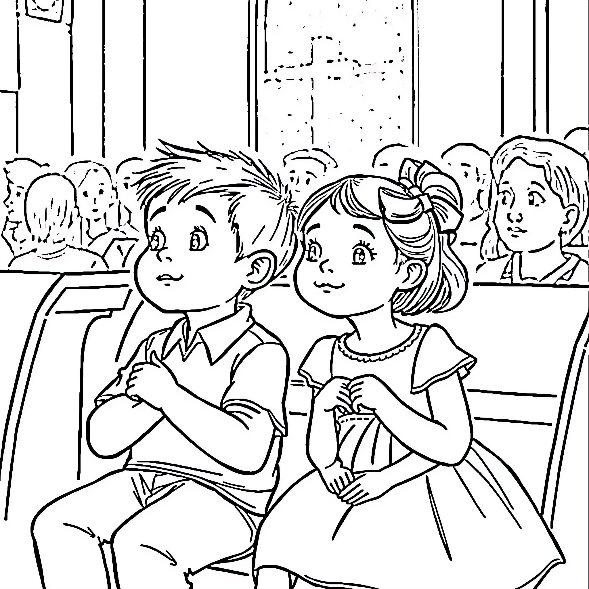 Boy and Girl Sitting Together in Classroom Coloring Page (free black-and-white line drawing printable PDF for all, from beginners to advanced learners, including children, teens, adults, and seniors)
