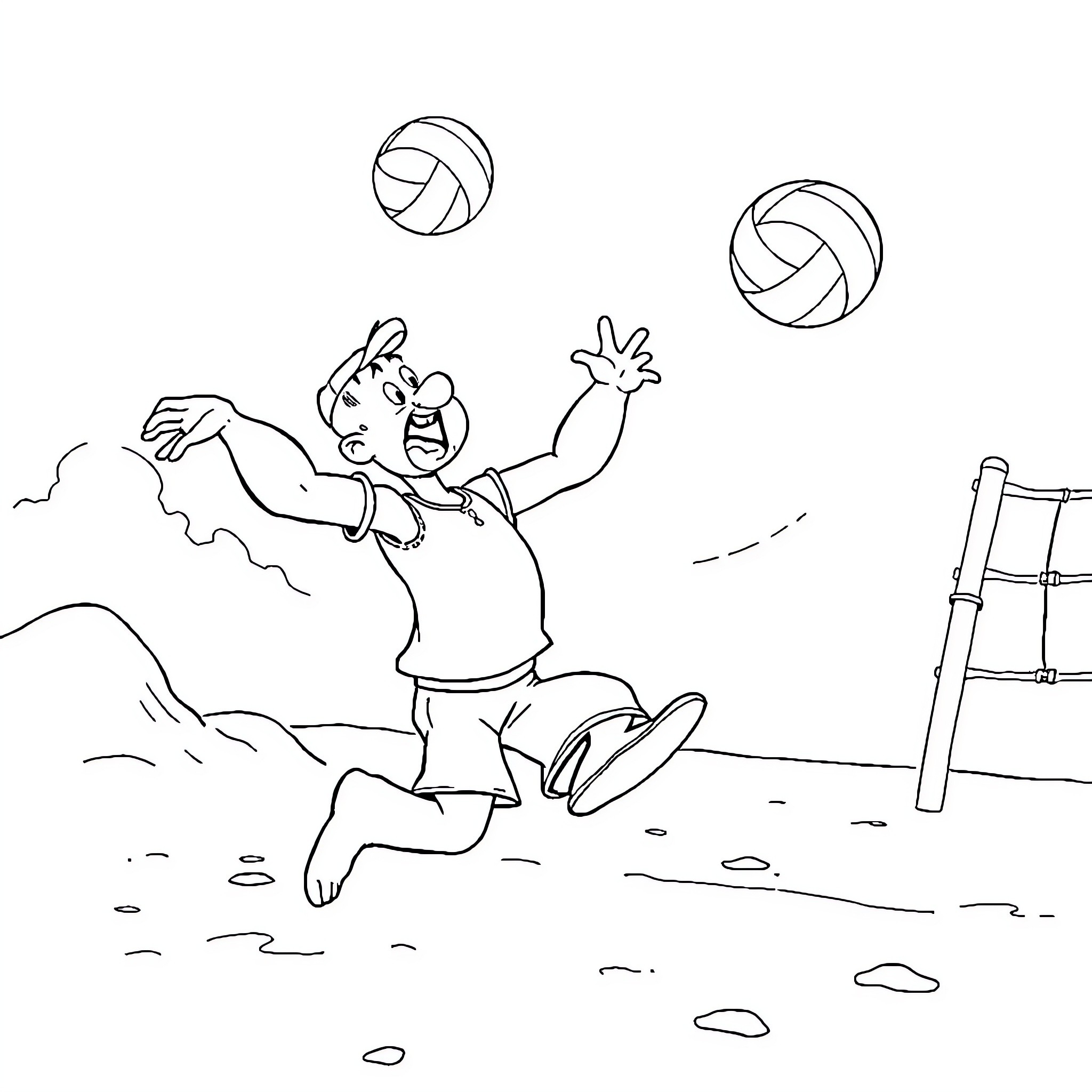 Popeye's Volleyball Adventure Coloring Page (free black-and-white line drawing printable PDF for all, from beginners to advanced learners, including children, teens, adults, and seniors)
