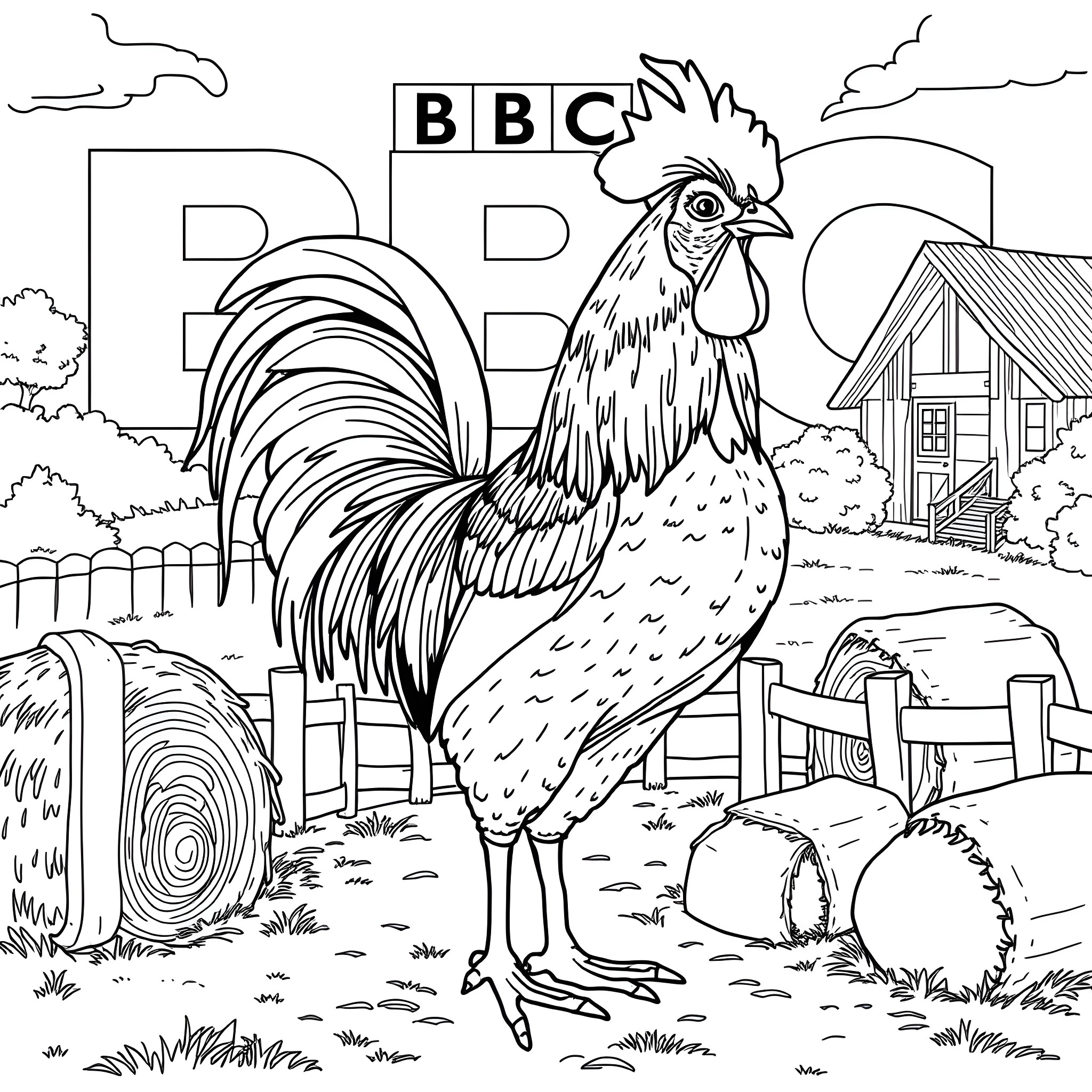 Rooster crowing in a rustic farm landscape Coloring Page (free black-and-white line drawing printable PDF for all, from beginners to advanced learners, including children, teens, adults, and seniors)