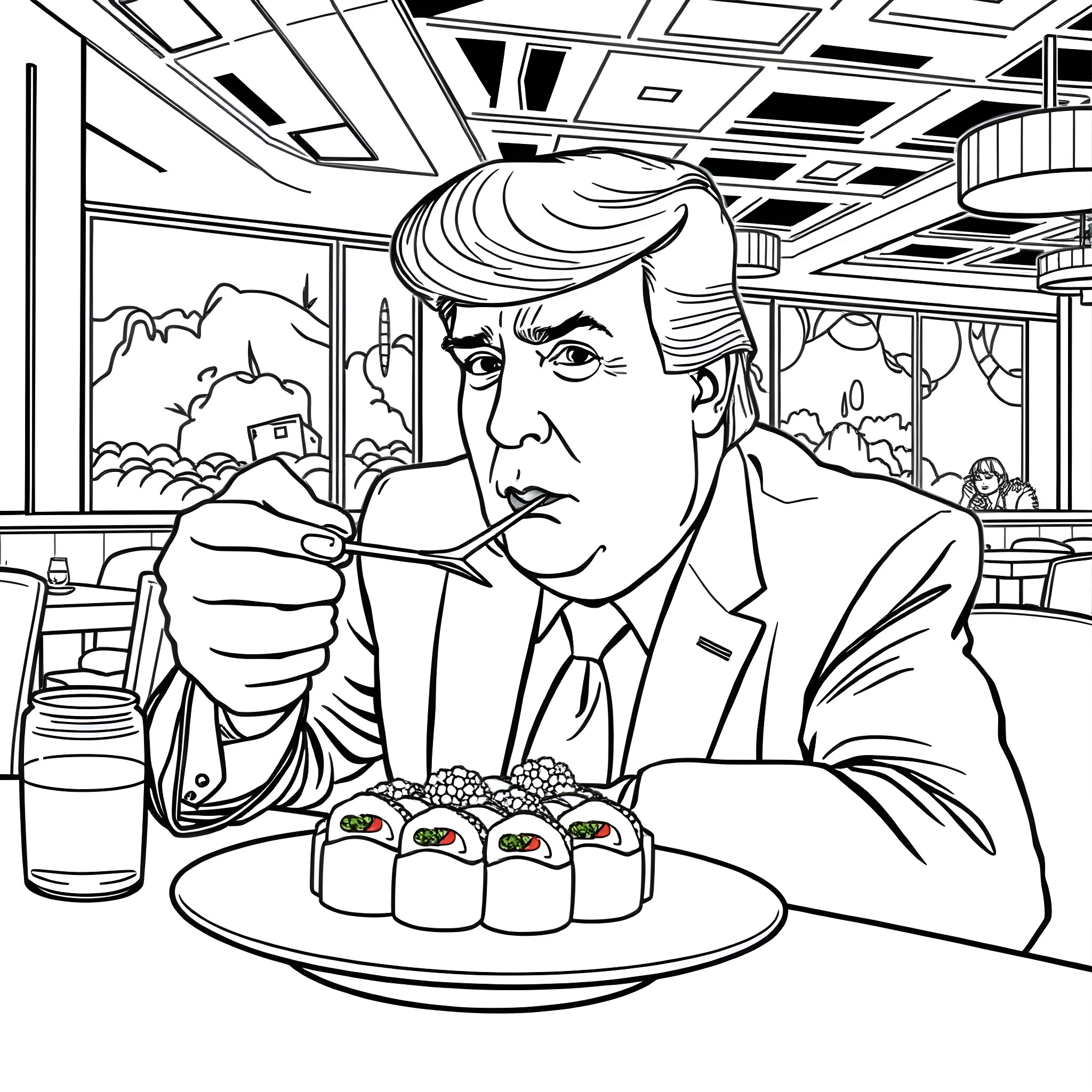 Donald Trump eating sushi in a fancy restaurant Coloring Page (free black-and-white line drawing printable PDF for all, from beginners to advanced learners, including children, teens, adults, and seniors)