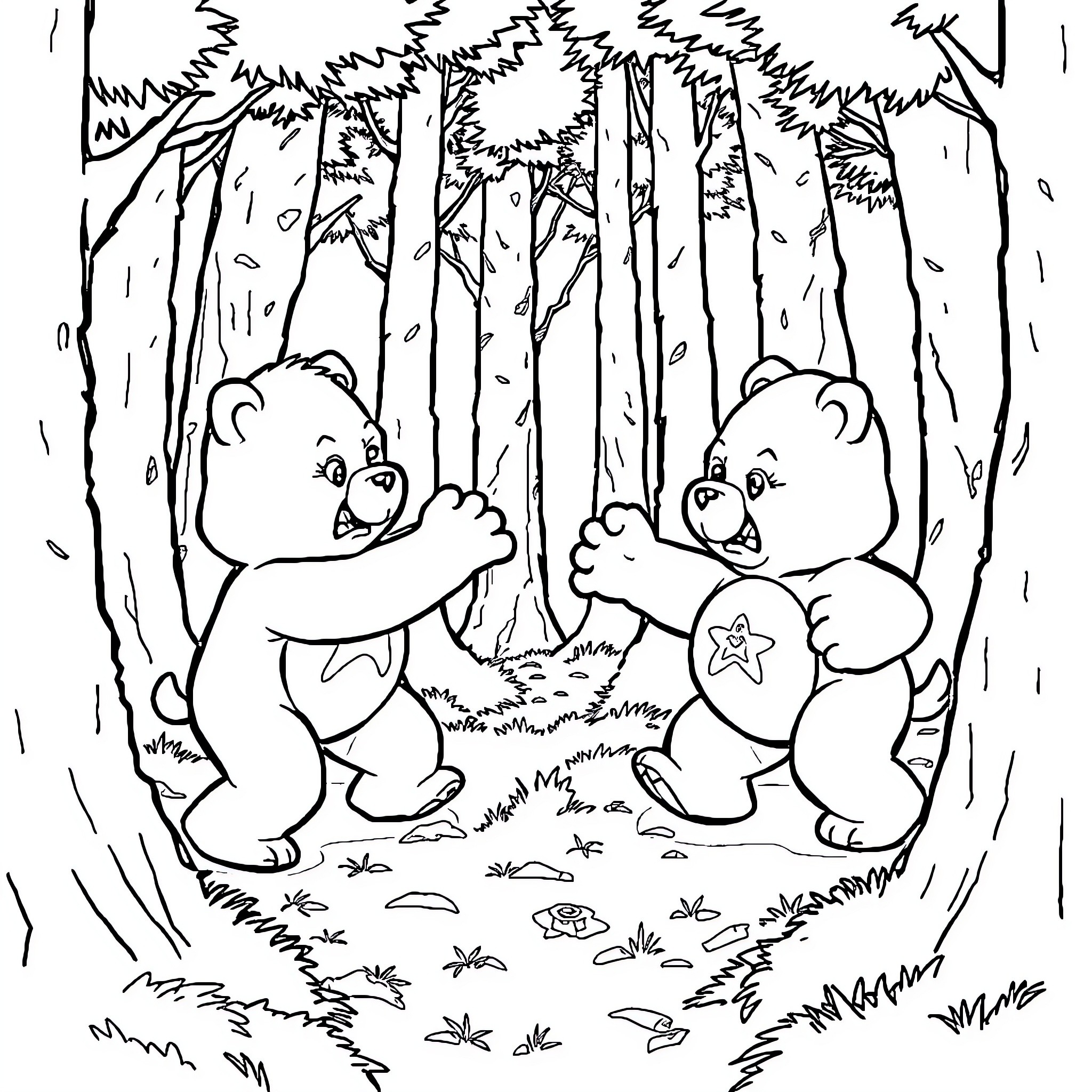 Carebear friends playing in the forest Coloring Page (free black-and-white line drawing printable PDF for all, from beginners to advanced learners, including children, teens, adults, and seniors)