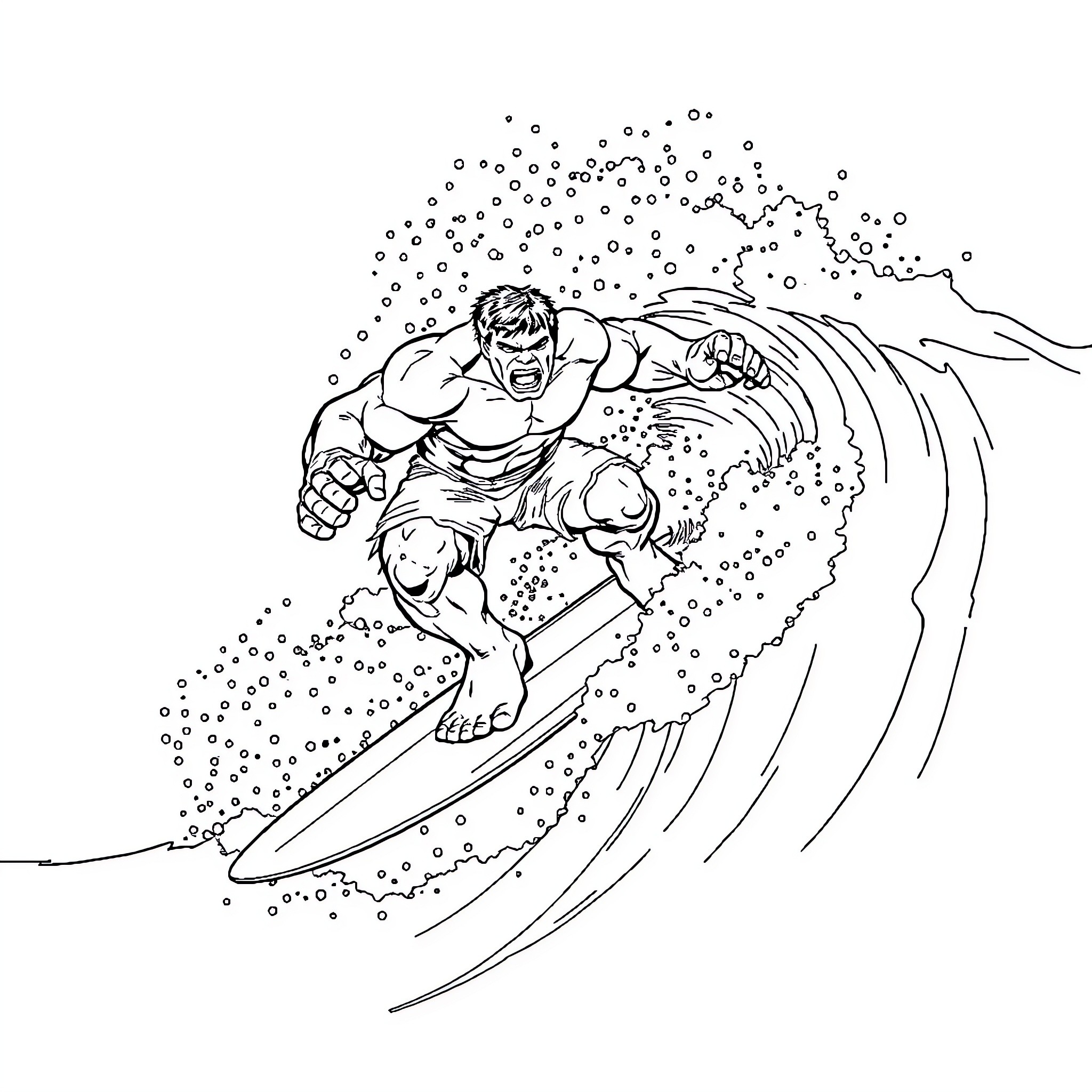 Hulk riding a gigantic wave Coloring Page (free black-and-white line drawing printable PDF for all, from beginners to advanced learners, including children, teens, adults, and seniors)