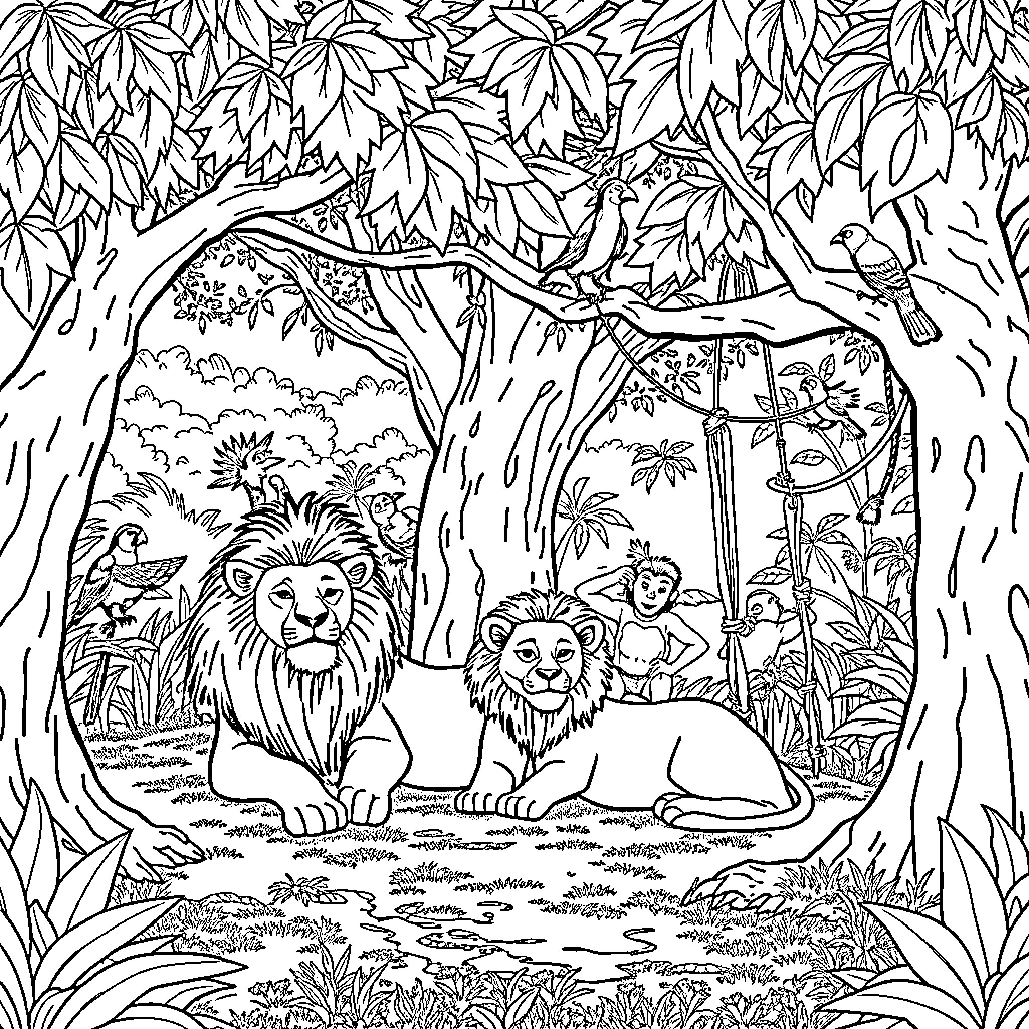 Lion family resting in the lush jungle Coloring Page (free black-and-white line drawing printable PDF for all, from beginners to advanced learners, including children, teens, adults, and seniors)