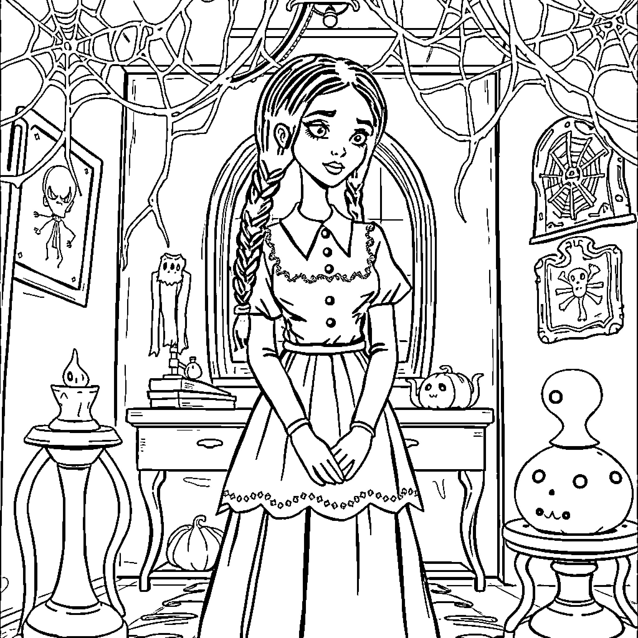 Wednesday's Mysterious Encounter in the Enchanted Room Coloring Page (free black-and-white line drawing printable PDF for all, from beginners to advanced learners, including children, teens, adults, and seniors)