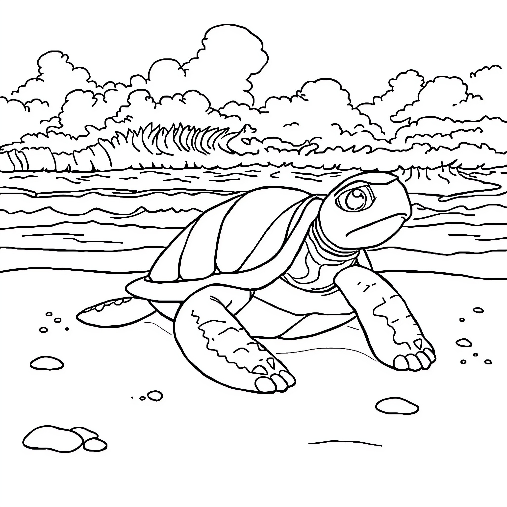 Ninja Turtle swimming in the ocean Coloring Page (free black-and-white line drawing printable PDF for all, from beginners to advanced learners, including children, teens, adults, and seniors)