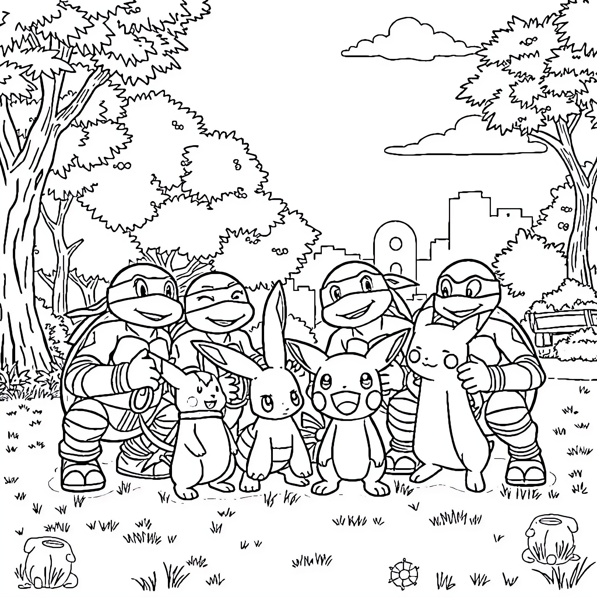 Teenage Mutant Ninja Turtles exploring the city surroundings Coloring Page (free black-and-white line drawing printable PDF for all, from beginners to advanced learners, including children, teens, adults, and seniors)