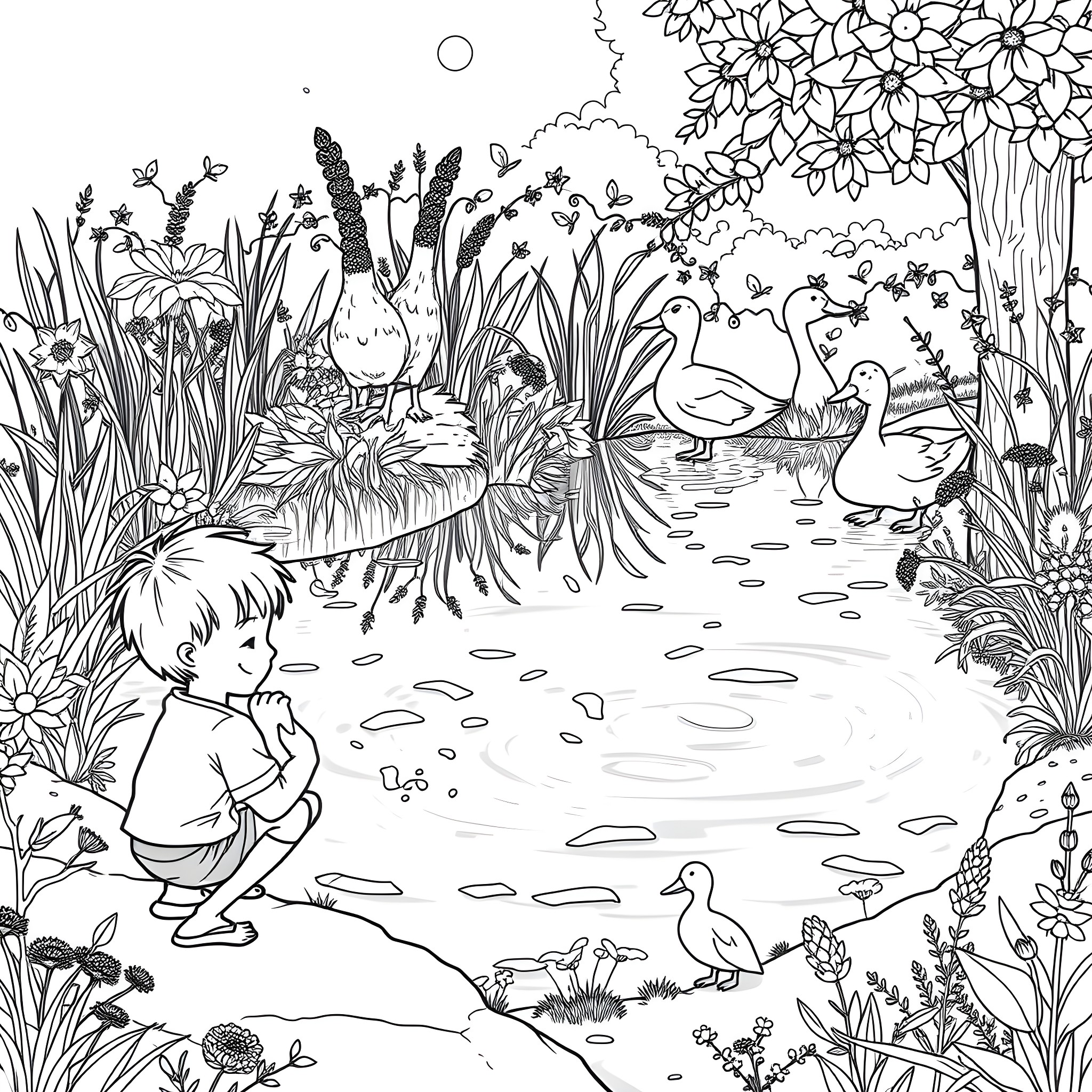 Boy exploring a lush nature scene with ducks and flowers Coloring Page (free black-and-white line drawing printable PDF for all, from beginners to advanced learners, including children, teens, adults, and seniors)