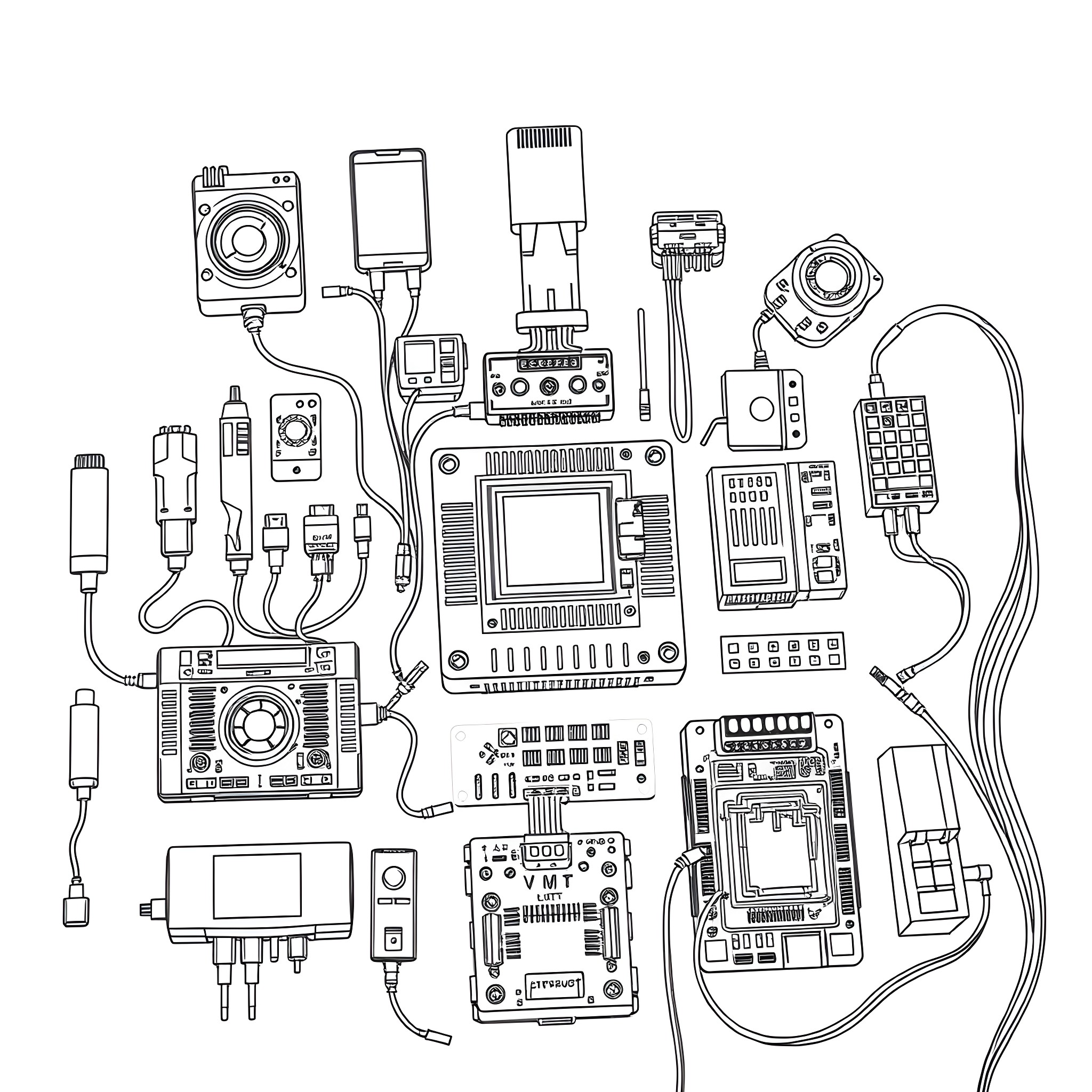 Electronics devices and accessories Coloring Page (free black-and-white line drawing printable PDF for all, from beginners to advanced learners, including children, teens, adults, and seniors)