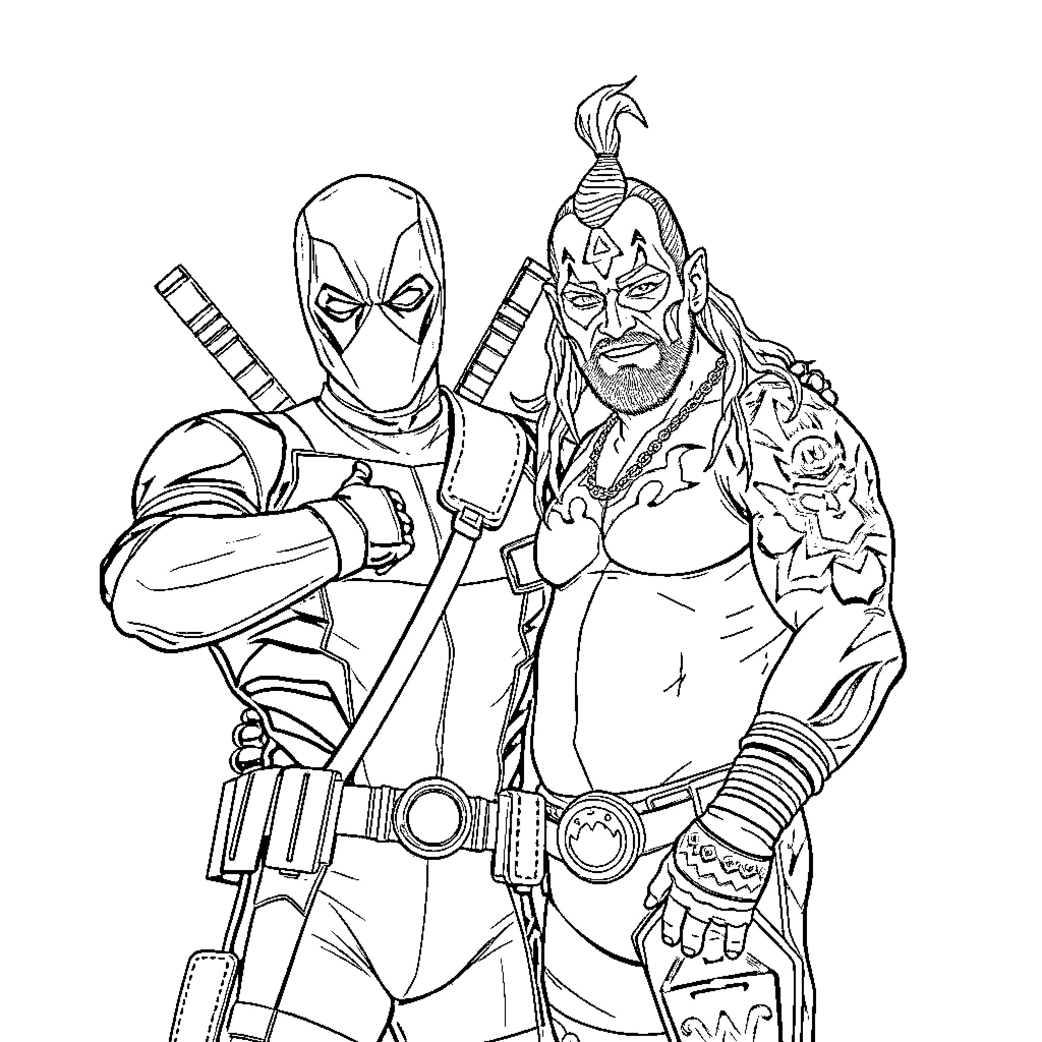Deadpool and Samurai-Inspired Warrior in Action Pose Coloring Page (free black-and-white line drawing printable PDF for all, from beginners to advanced learners, including children, teens, adults, and seniors)