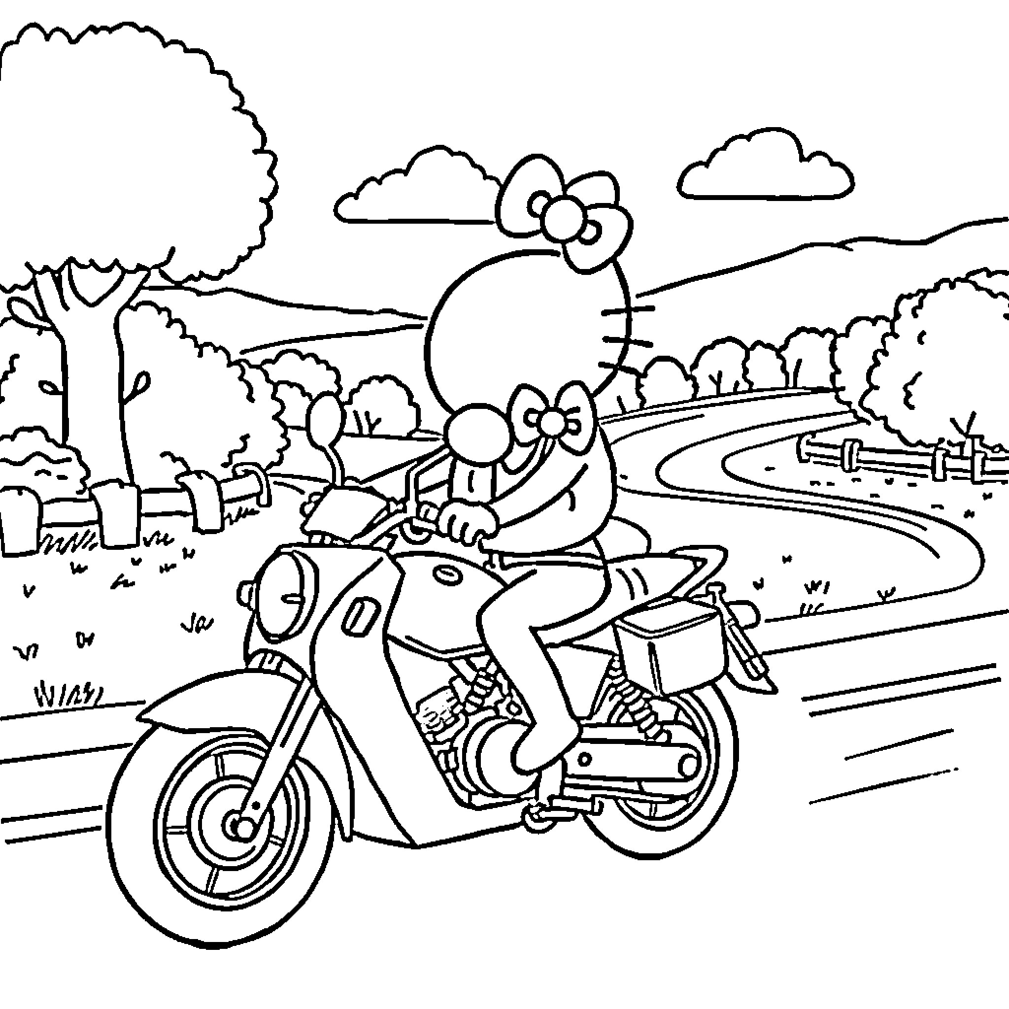 Hello Kitty riding a scooter on a country road Coloring Page (free black-and-white line drawing printable PDF for all, from beginners to advanced learners, including children, teens, adults, and seniors)