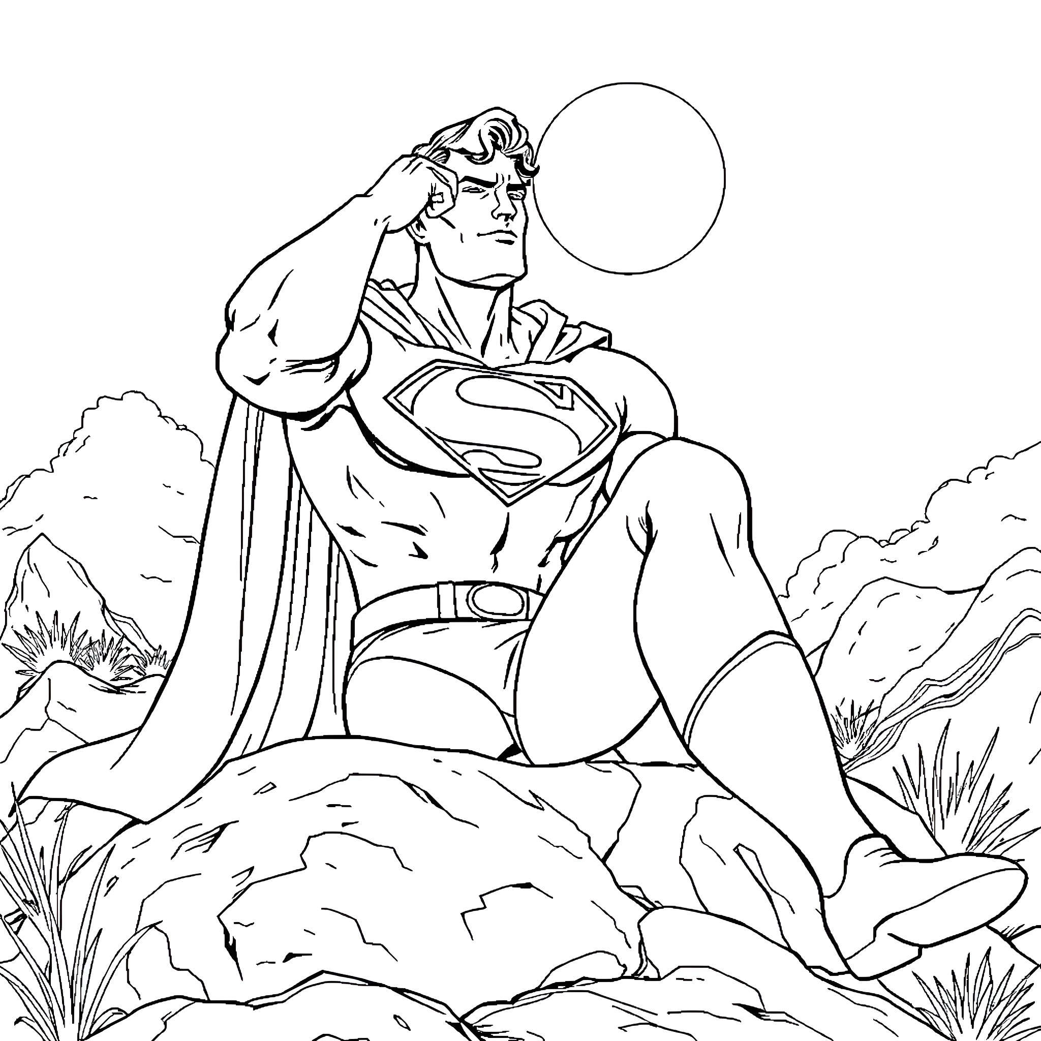 Superman in heroic pose against scenic backdrop Coloring Page (free black-and-white line drawing printable PDF for all, from beginners to advanced learners, including children, teens, adults, and seniors)