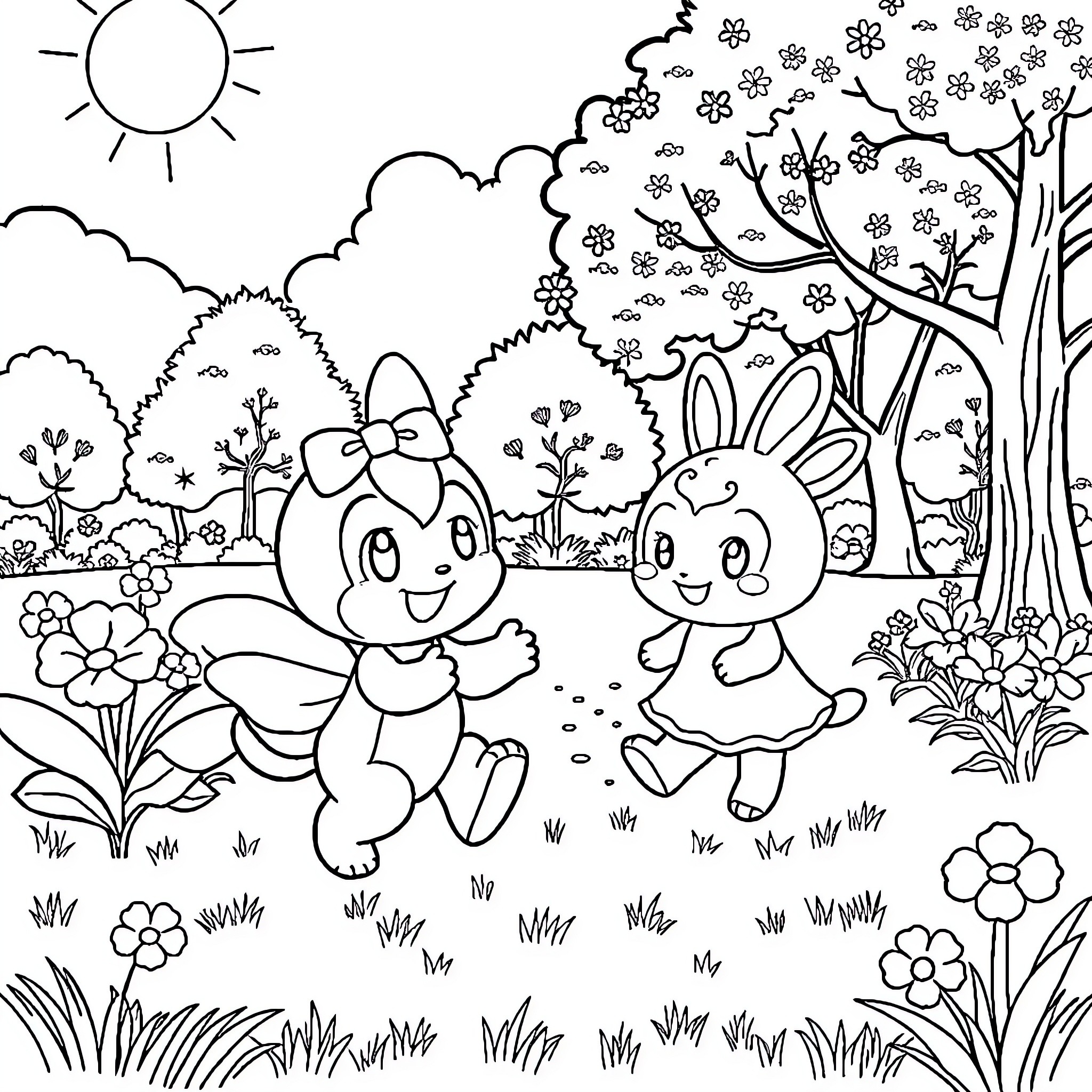Koromi's Cheerful Adventure in the Blossoming Garden Coloring Page (free black-and-white line drawing printable PDF for all, from beginners to advanced learners, including children, teens, adults, and seniors)