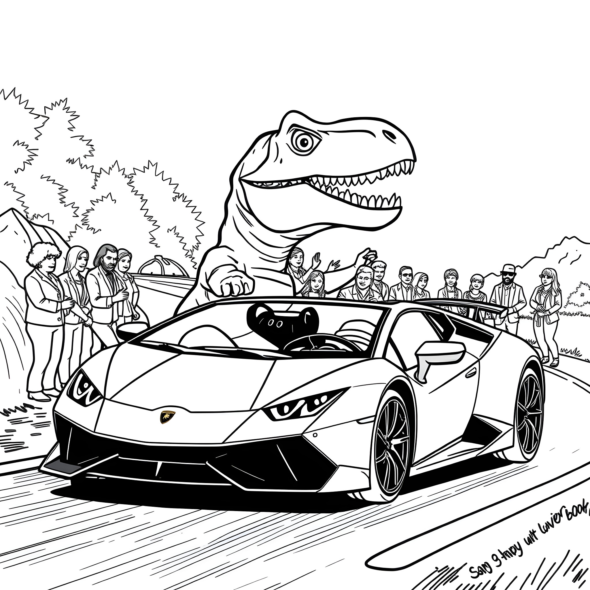 T-Rex chasing a futuristic sports car Coloring Page (free black-and-white line drawing printable PDF for all, from beginners to advanced learners, including children, teens, adults, and seniors)