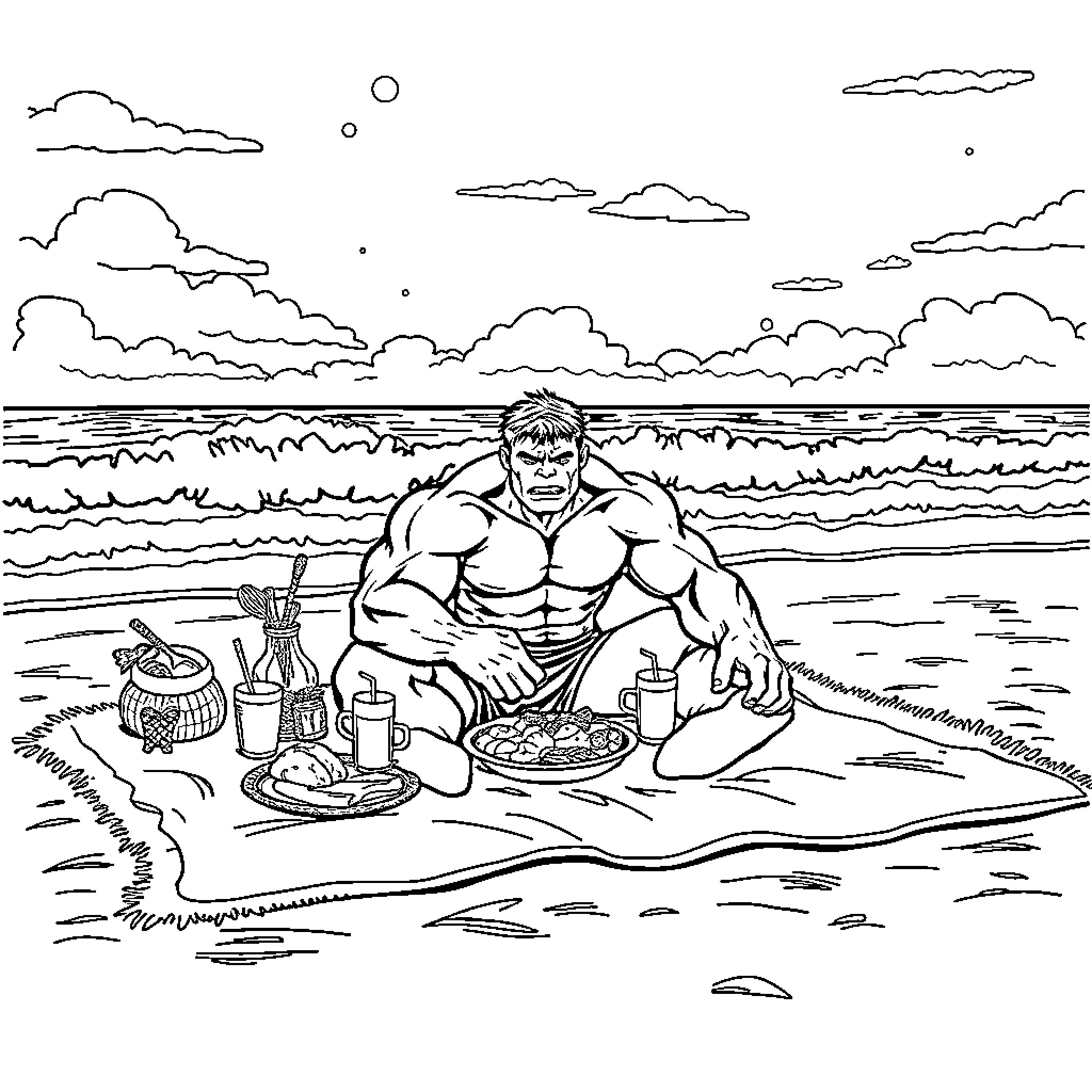 Hulk enjoying a beachside picnic Coloring Page (free black-and-white line drawing printable PDF for all, from beginners to advanced learners, including children, teens, adults, and seniors)