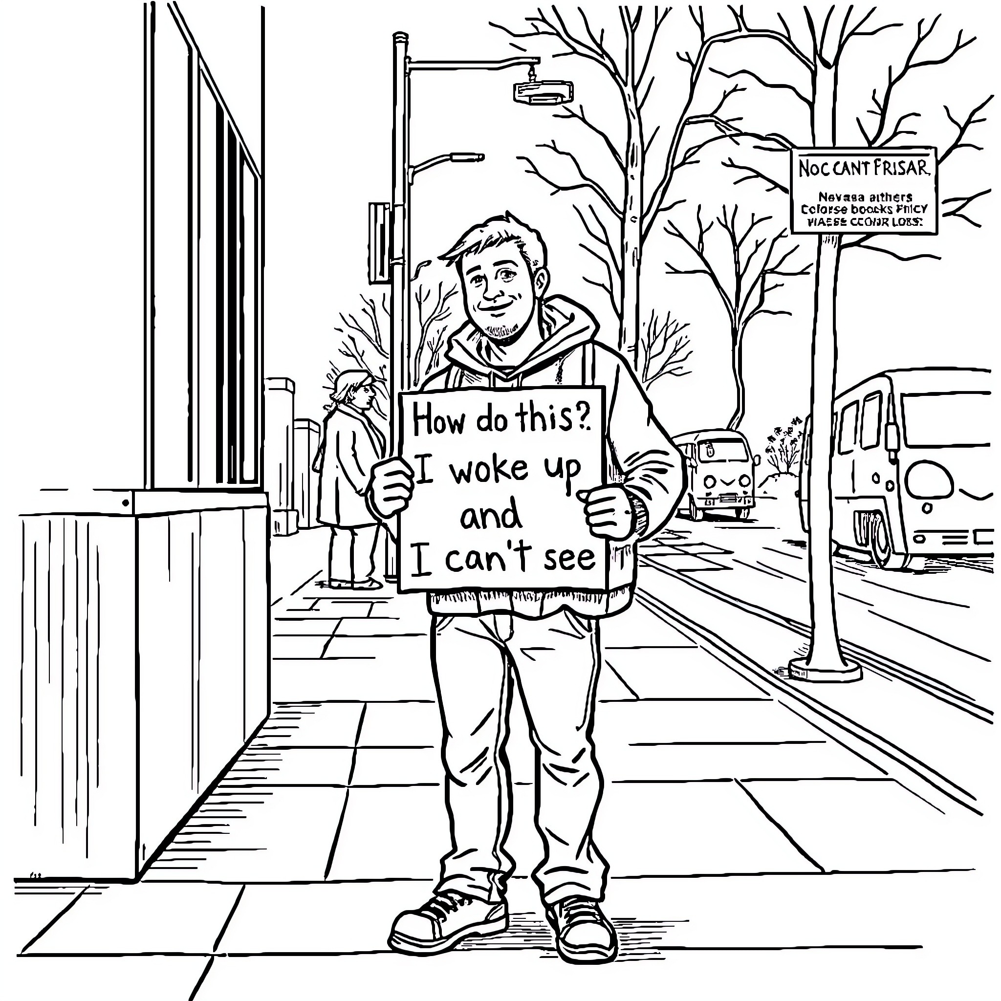 Guy asking for help after waking up unable to see Coloring Page (free black-and-white line drawing printable PDF for all, from beginners to advanced learners, including children, teens, adults, and seniors)