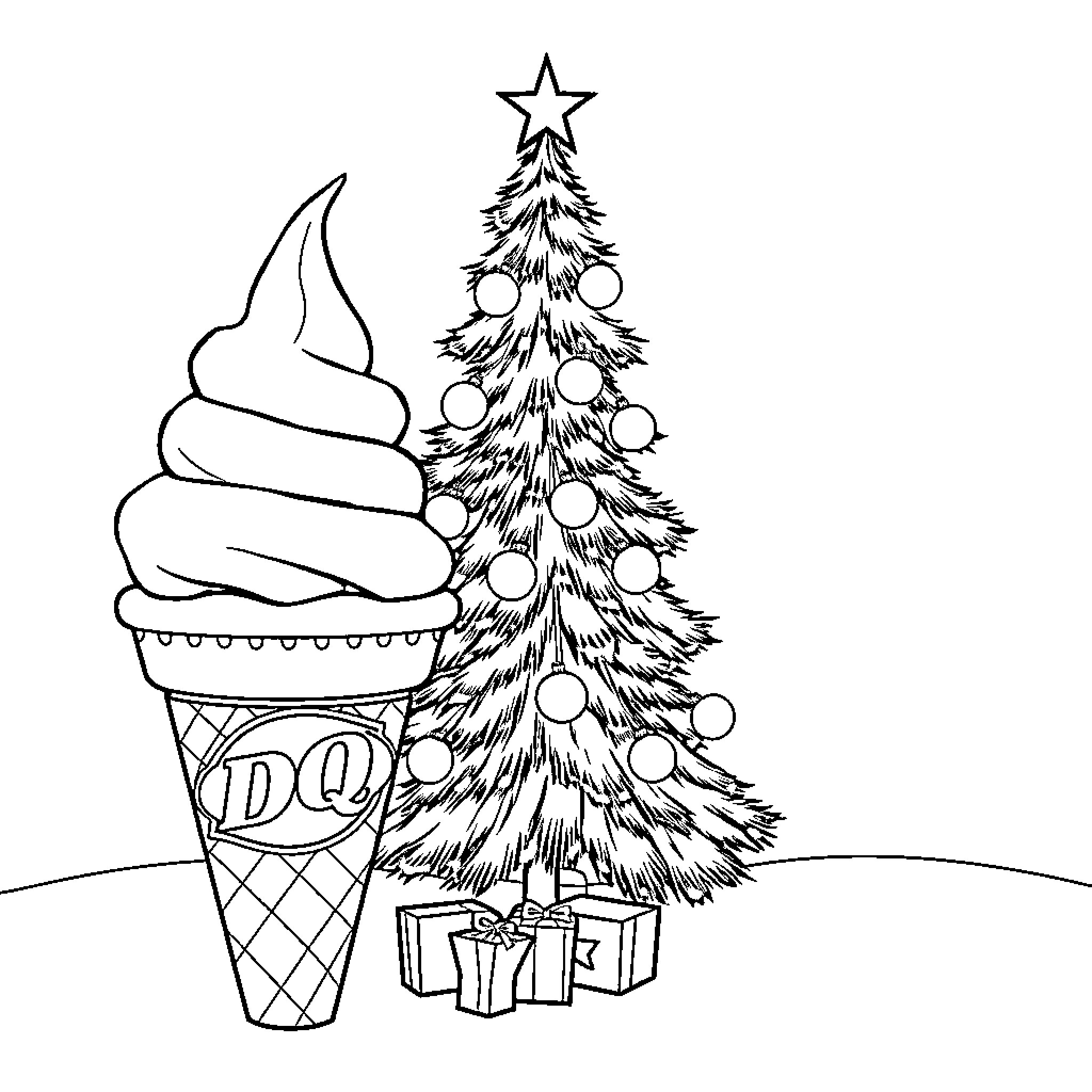 Cone with Christmas tree and presents Coloring Page (free black-and-white line drawing printable PDF for all, from beginners to advanced learners, including children, teens, adults, and seniors)