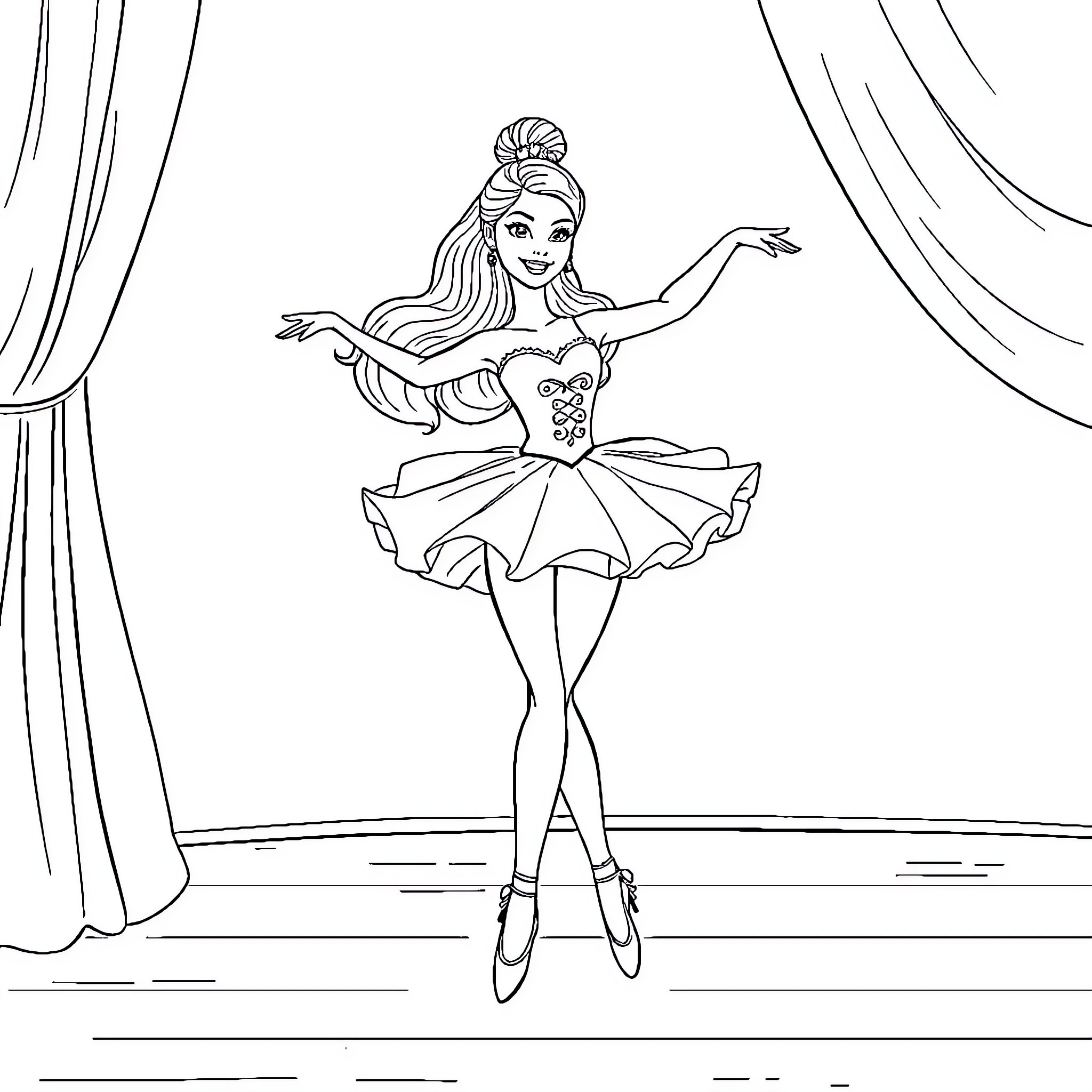 Barbie Dancing Gracefully on Stage Coloring Page (free black-and-white line drawing printable PDF for all, from beginners to advanced learners, including children, teens, adults, and seniors)