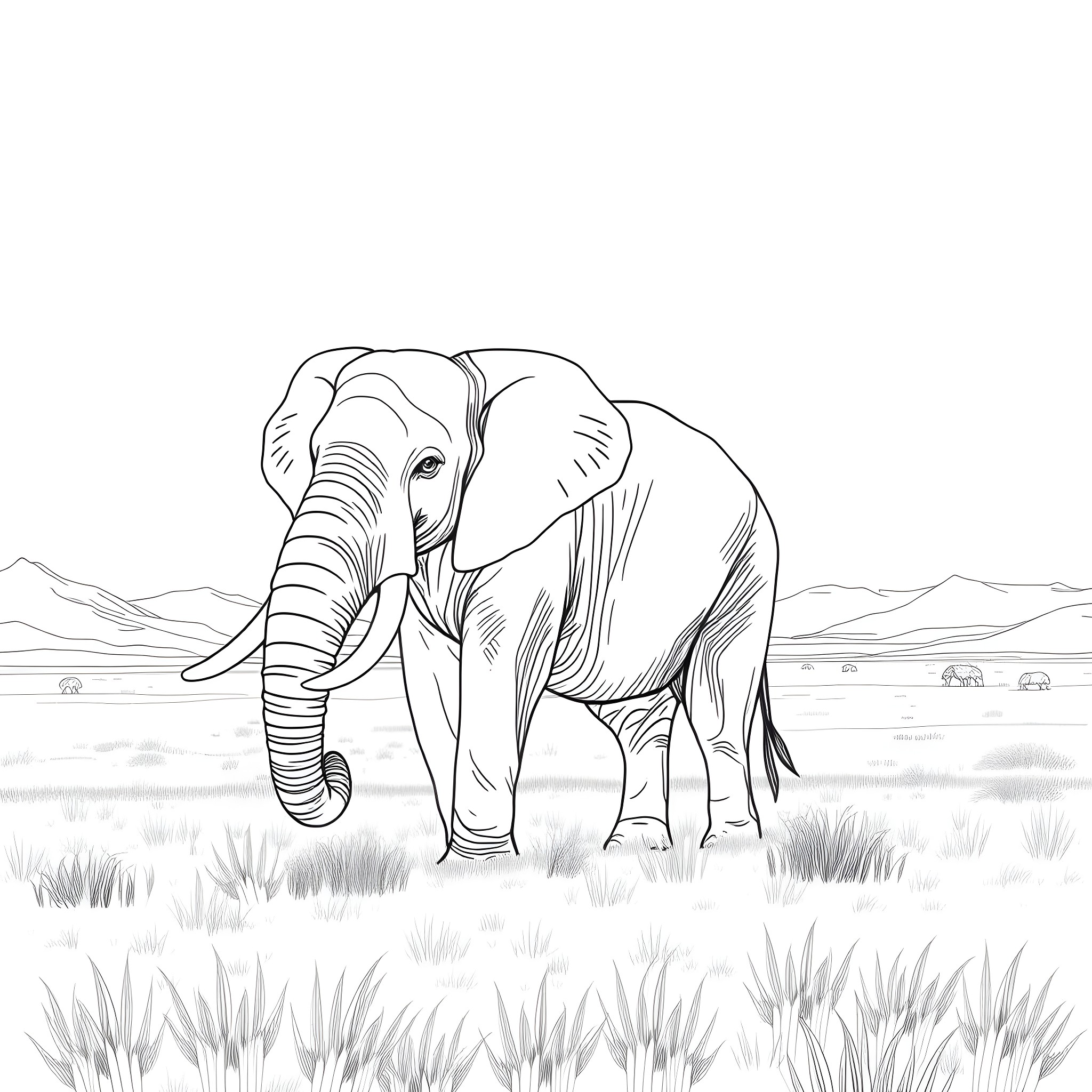 Elephant walking through the grasslands Coloring Page (free black-and-white line drawing printable PDF for all, from beginners to advanced learners, including children, teens, adults, and seniors)