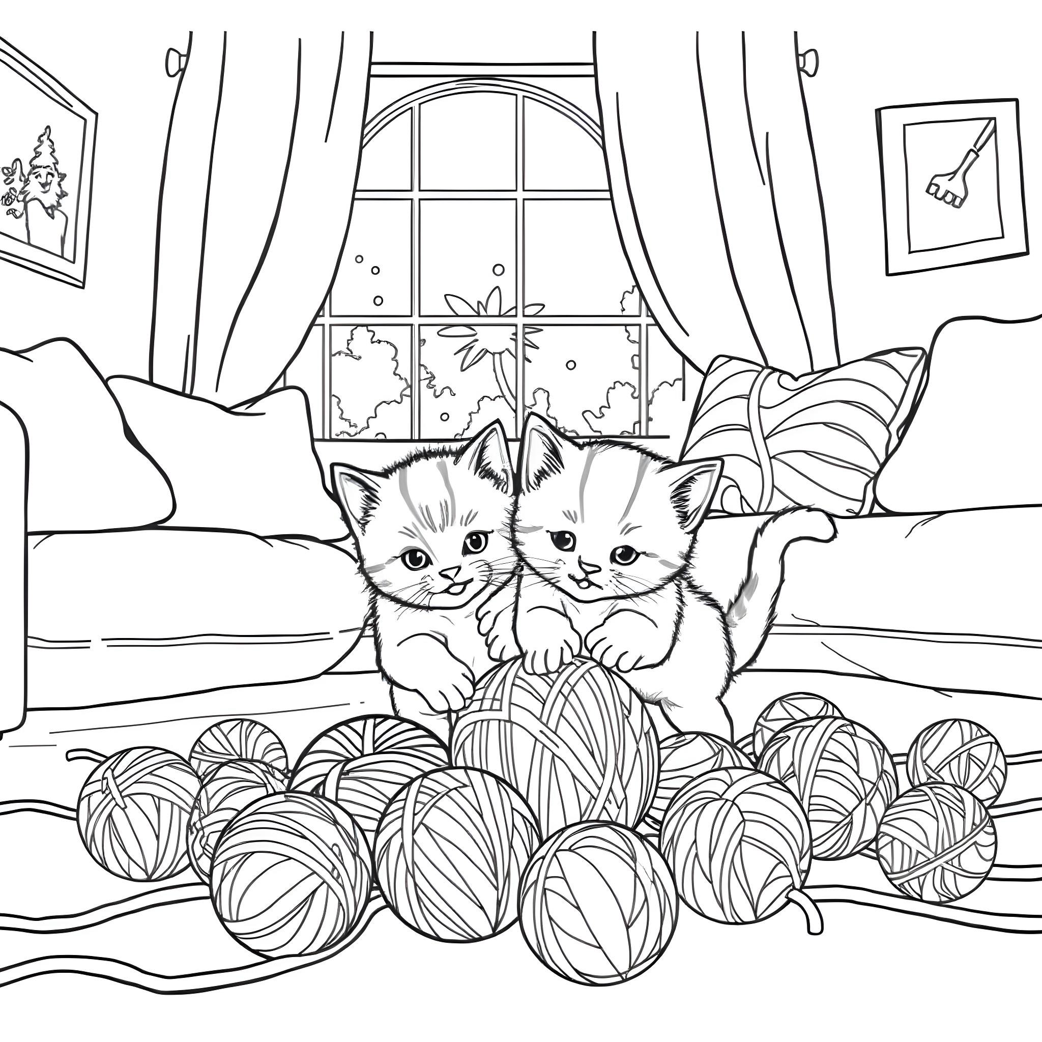 Kittens Resting Amid Yarn Balls Coloring Page (free black-and-white line drawing printable PDF for all, from beginners to advanced learners, including children, teens, adults, and seniors)
