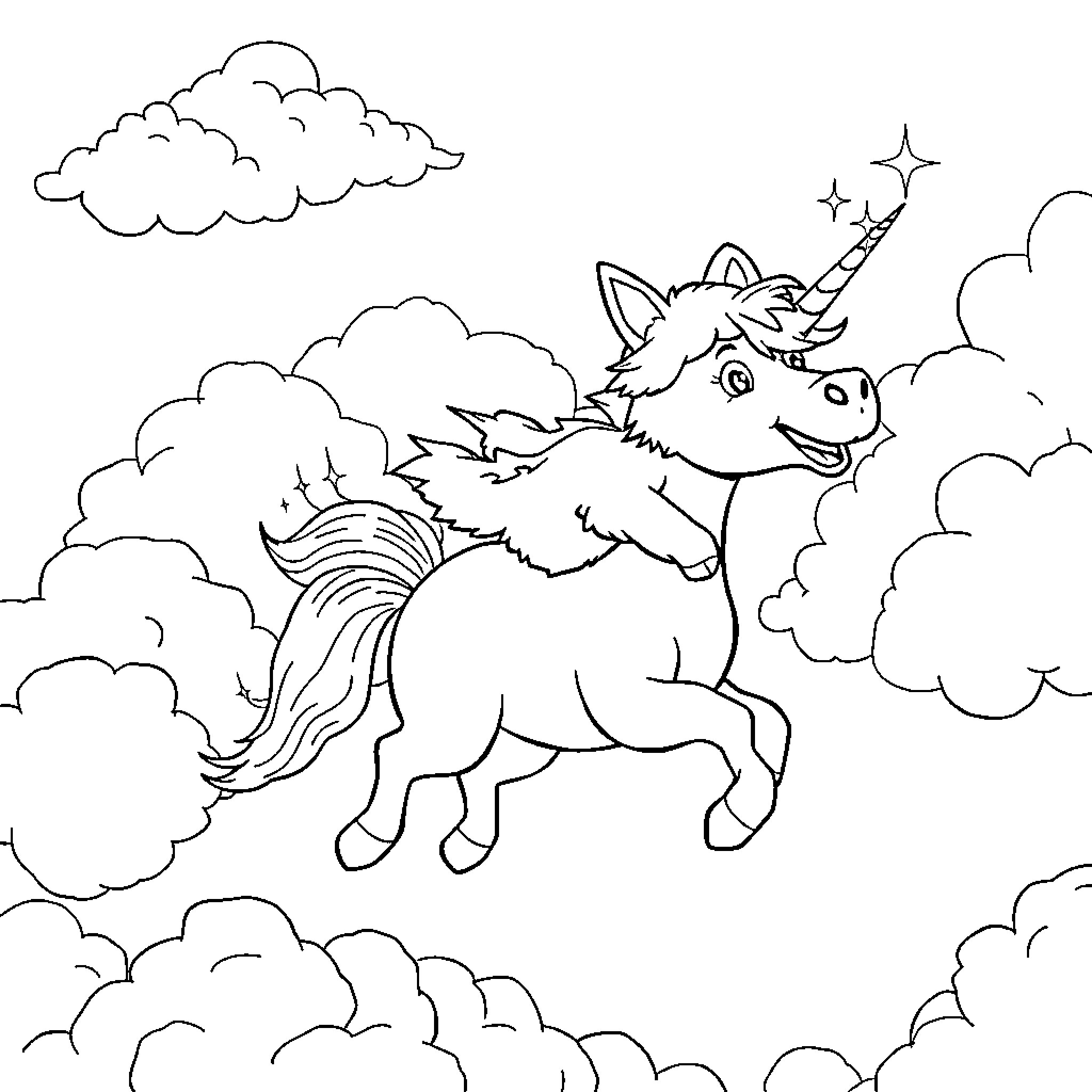 Bluey the Unicorn Soaring through the Clouds Coloring Page (free black-and-white line drawing printable PDF for all, from beginners to advanced learners, including children, teens, adults, and seniors)