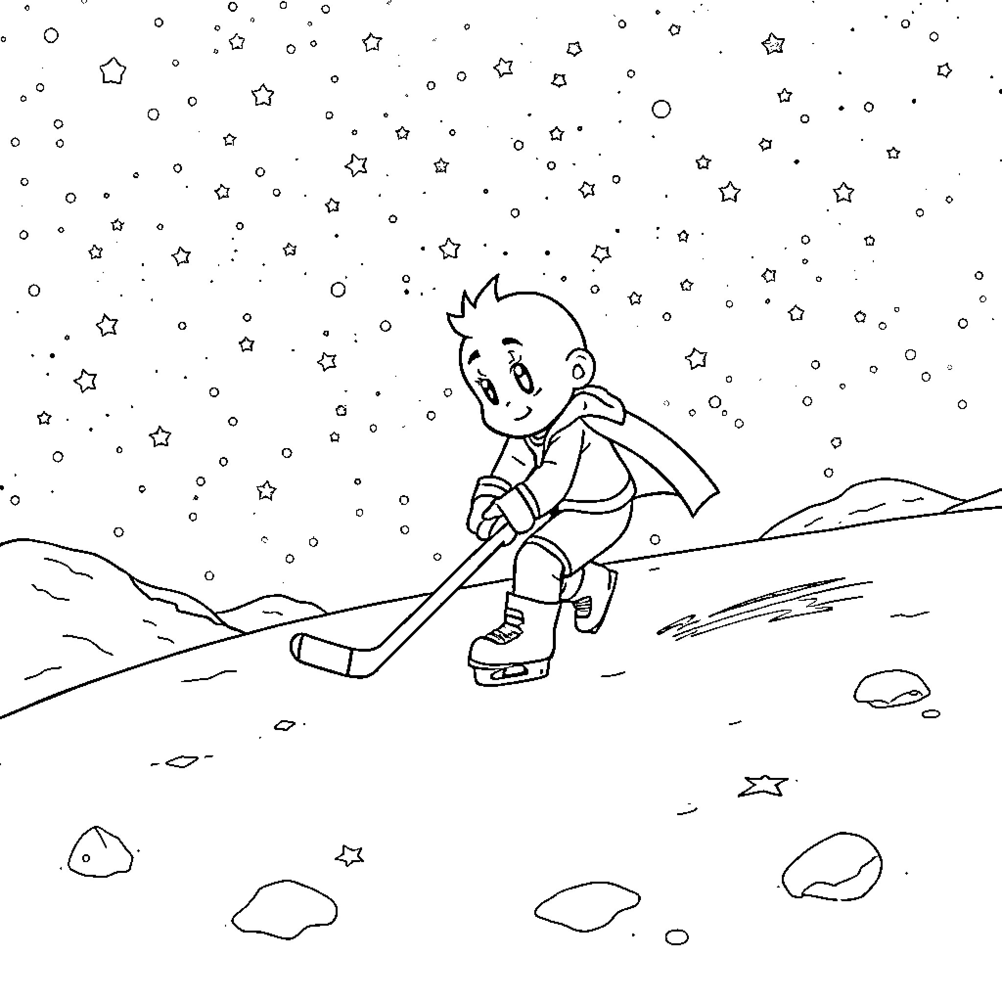 Astroboy sledding under the starry night sky Coloring Page (free black-and-white line drawing printable PDF for all, from beginners to advanced learners, including children, teens, adults, and seniors)